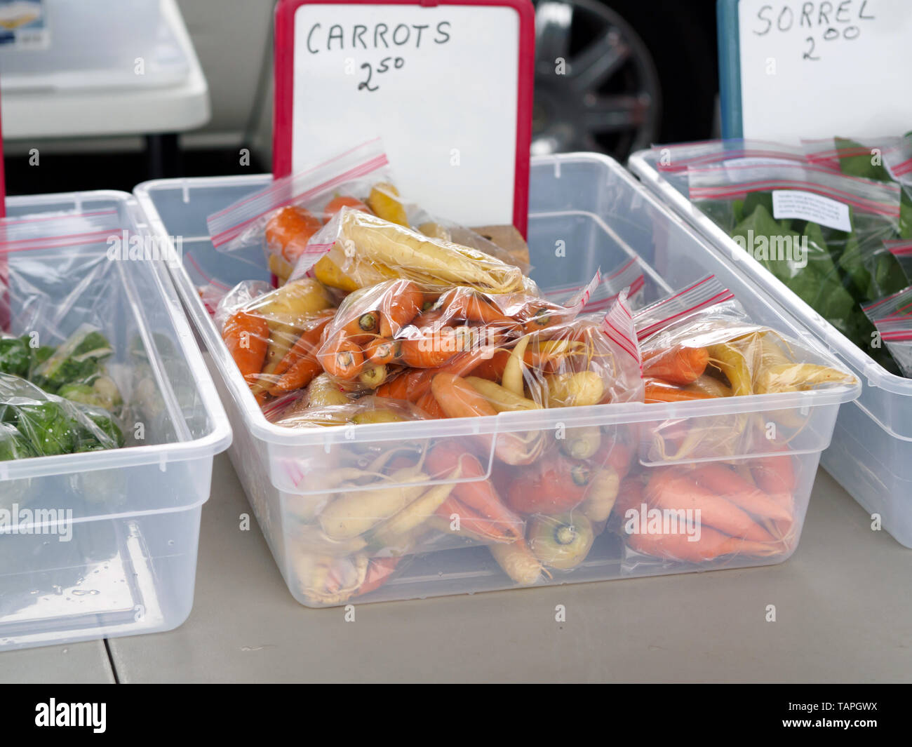 Les sacs de carottes d'élevage, à la vente à la Corpus Christi de marché de fermiers de Southside à Corpus Christi, Texas USA. Banque D'Images
