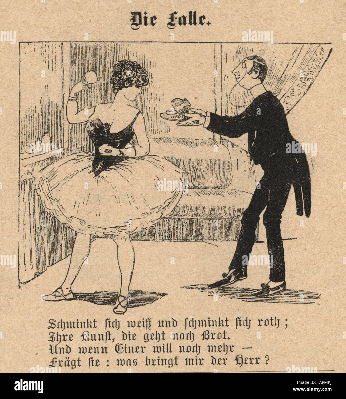 Caricature victorienne de l'homme offrant un cadeau d'un danseur, le piège, 1880, Allemand Banque D'Images