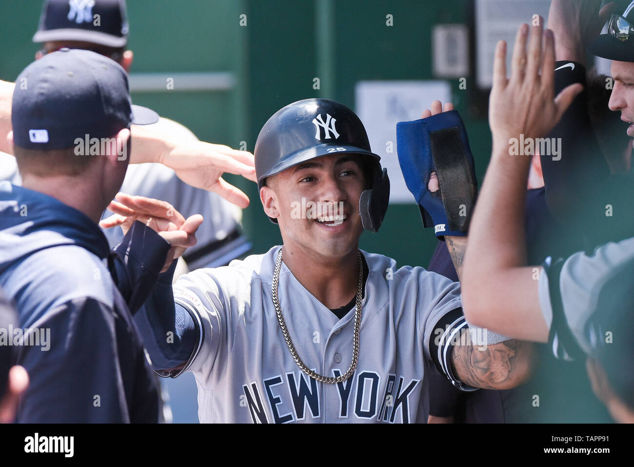 26 mai 2019 : New York Yankees shortstop Gleyber Torres (25) célèbre marquant un terme avec ses coéquipiers lors d'un match de la ligue américaine entre les Yankees de New York et les Royals de Kansas City a tenu à Kaufmann Stadium de Kansas City, MO Richard Ulreich/CSM Banque D'Images