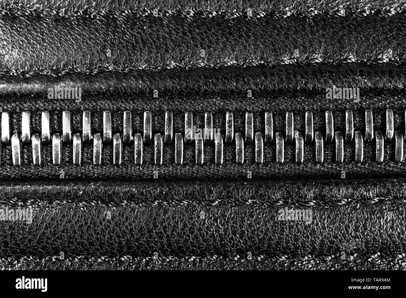 Un plan macro de zipper noir cuir texture background avec coutures. Arrière-plan horizontal d'un close-up de matériaux en cuir noir Banque D'Images