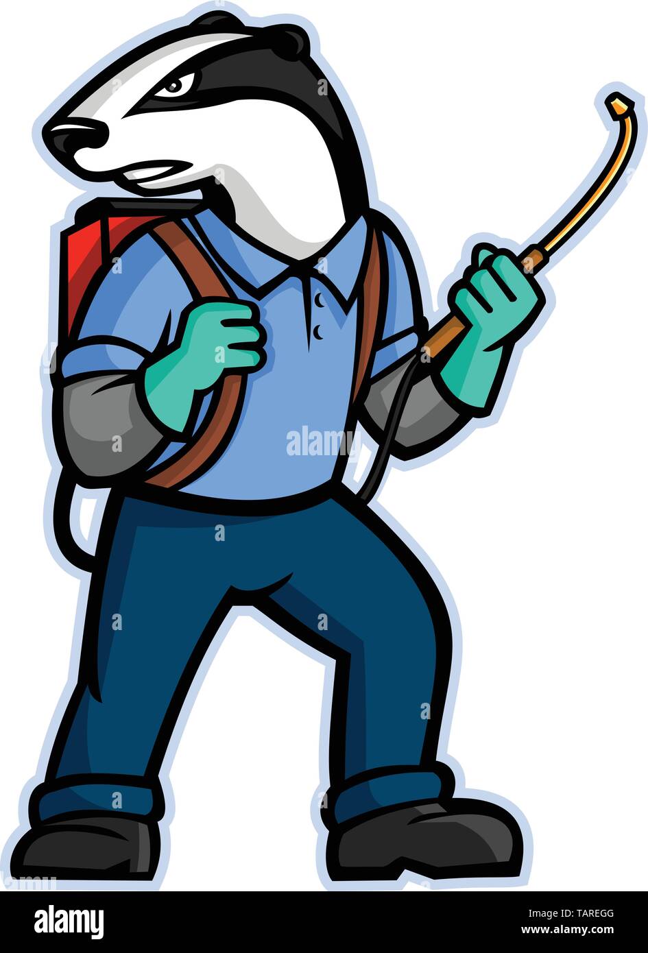 Icône mascotte illustration d'un blaireau qui est un exterminateur antiparasitaires portant un pulvérisateur à pression ou la pompe de pulvérisation de pesticides à sac à dos à l'autre s Illustration de Vecteur