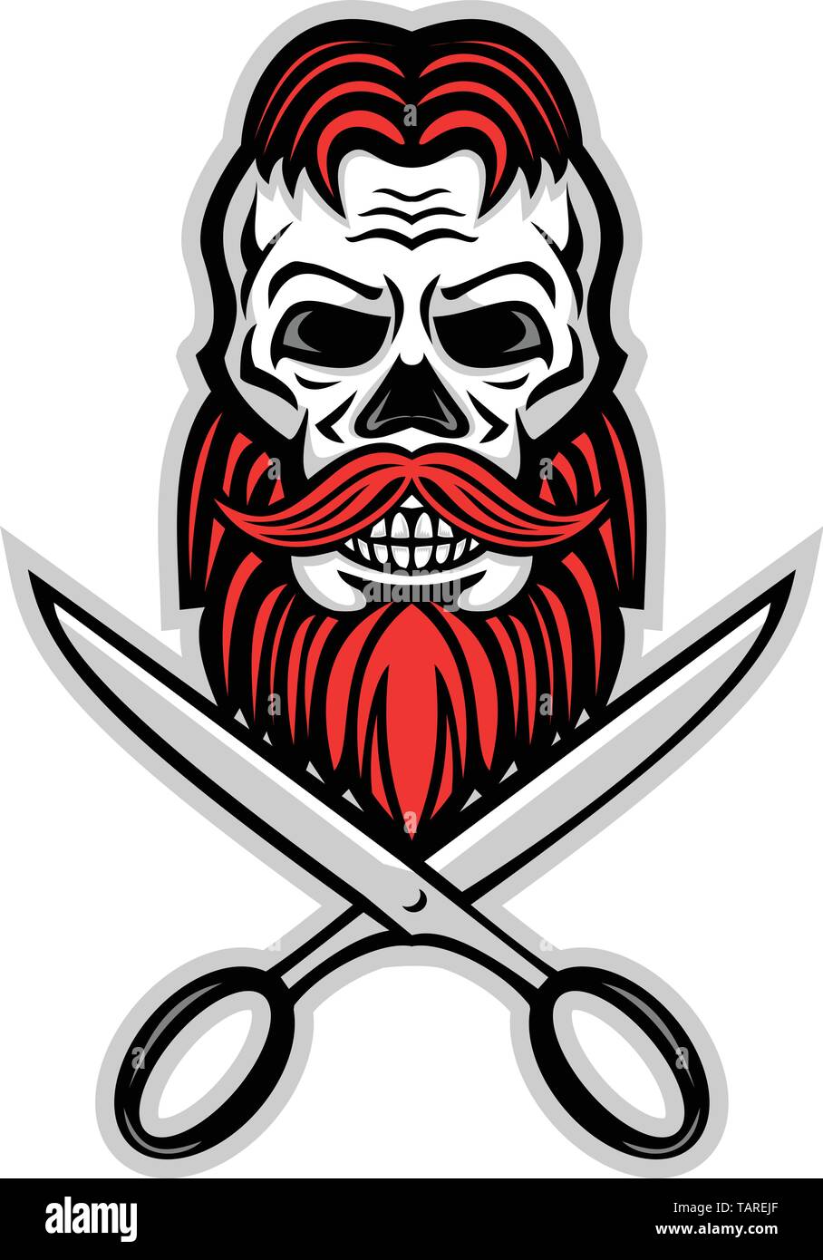 L'icône de mascotte illustration de crâne d'un homme aux cheveux rouges et barbe avec paire de ciseaux de coiffeur avant de viwed sur fond isolé en rétro styl Illustration de Vecteur