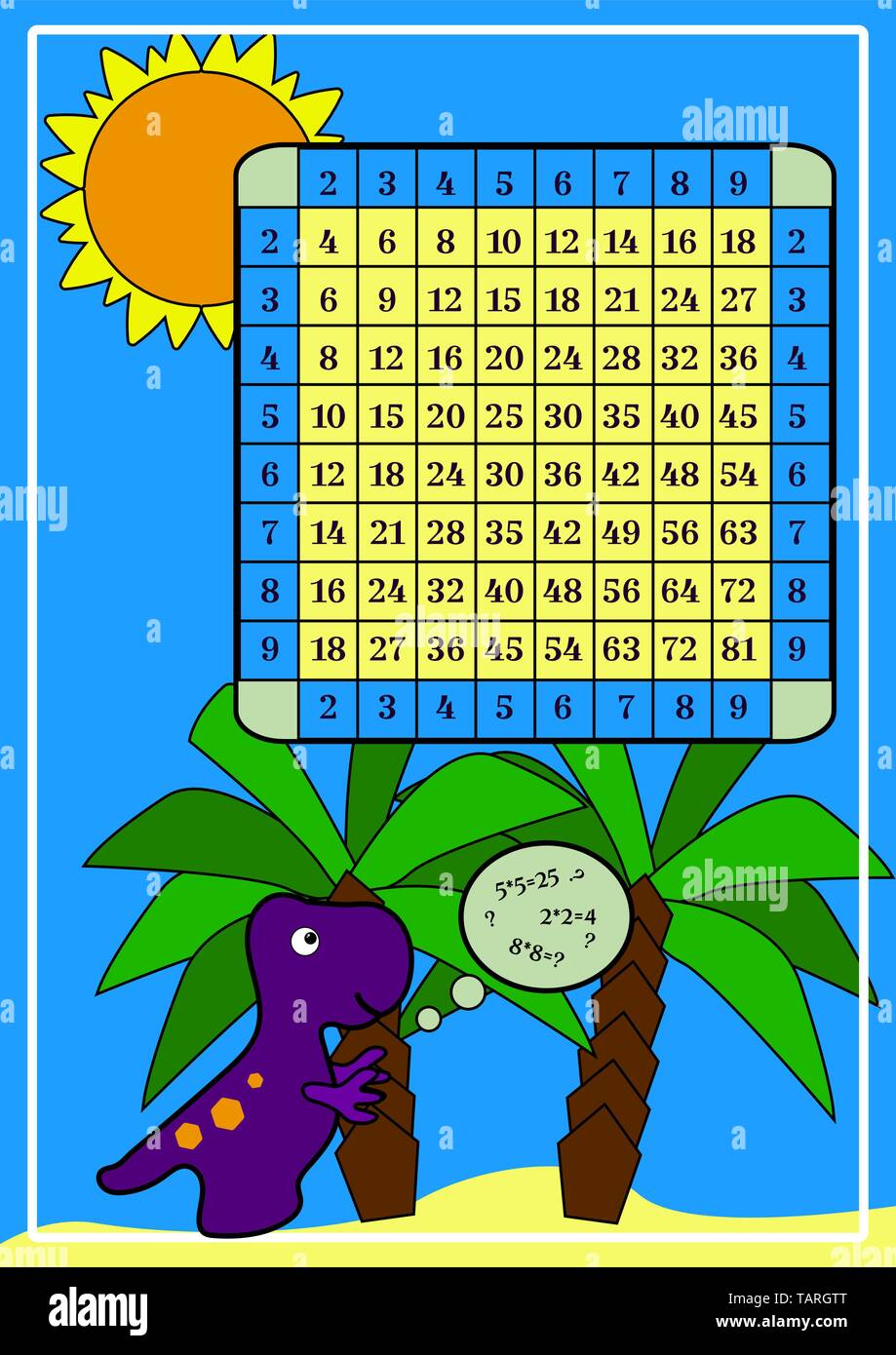 Table de multiplication. Poster carré avec dino pour l'impression du matériel éducatif d'enfants à l'école et à la maison. Études Violet Tyrannosaurus mathem Illustration de Vecteur