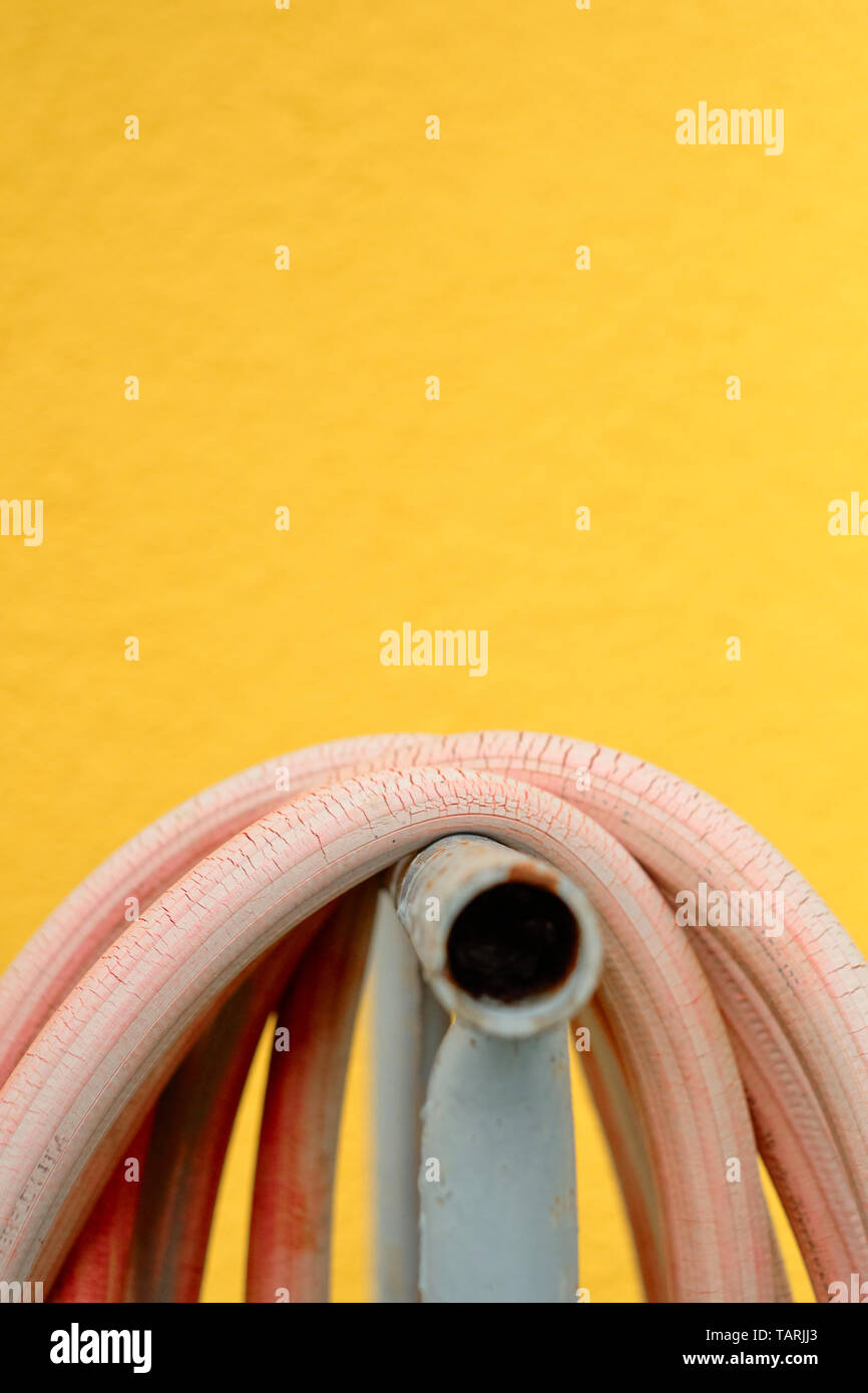 Un tuyau d'eau d'extérieur en caoutchouc rose ancien avec des fissures comme les détails de peau sèche et le fond peint en jaune - objets de tous les jours jaune rose Banque D'Images