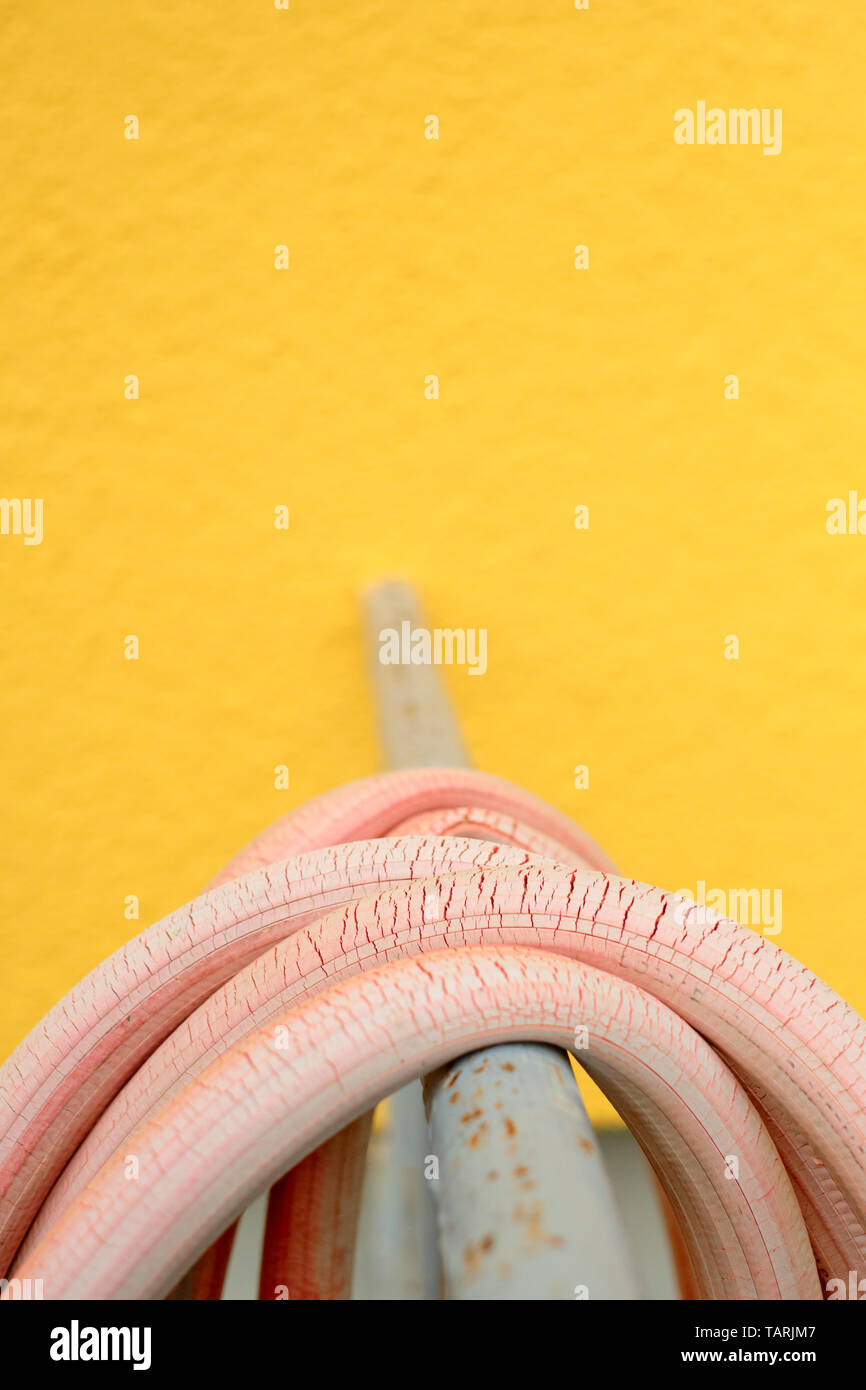 Un tuyau d'eau d'extérieur en caoutchouc rose ancien avec des fissures comme les détails de peau sèche sur un mur jaune - tous les jours objets jaune rose Banque D'Images
