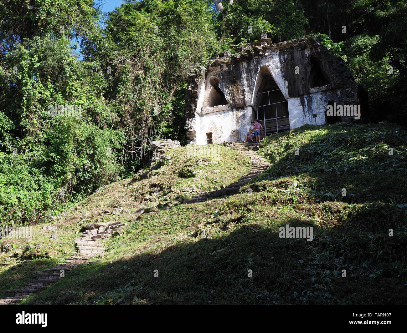 PALENQUE, Mexique sur février 2018 : Temple sur le haut de la Croix foliée à pyramide maya ancien parc national en ville mexicaine au jungle des paysages dans les stat Banque D'Images