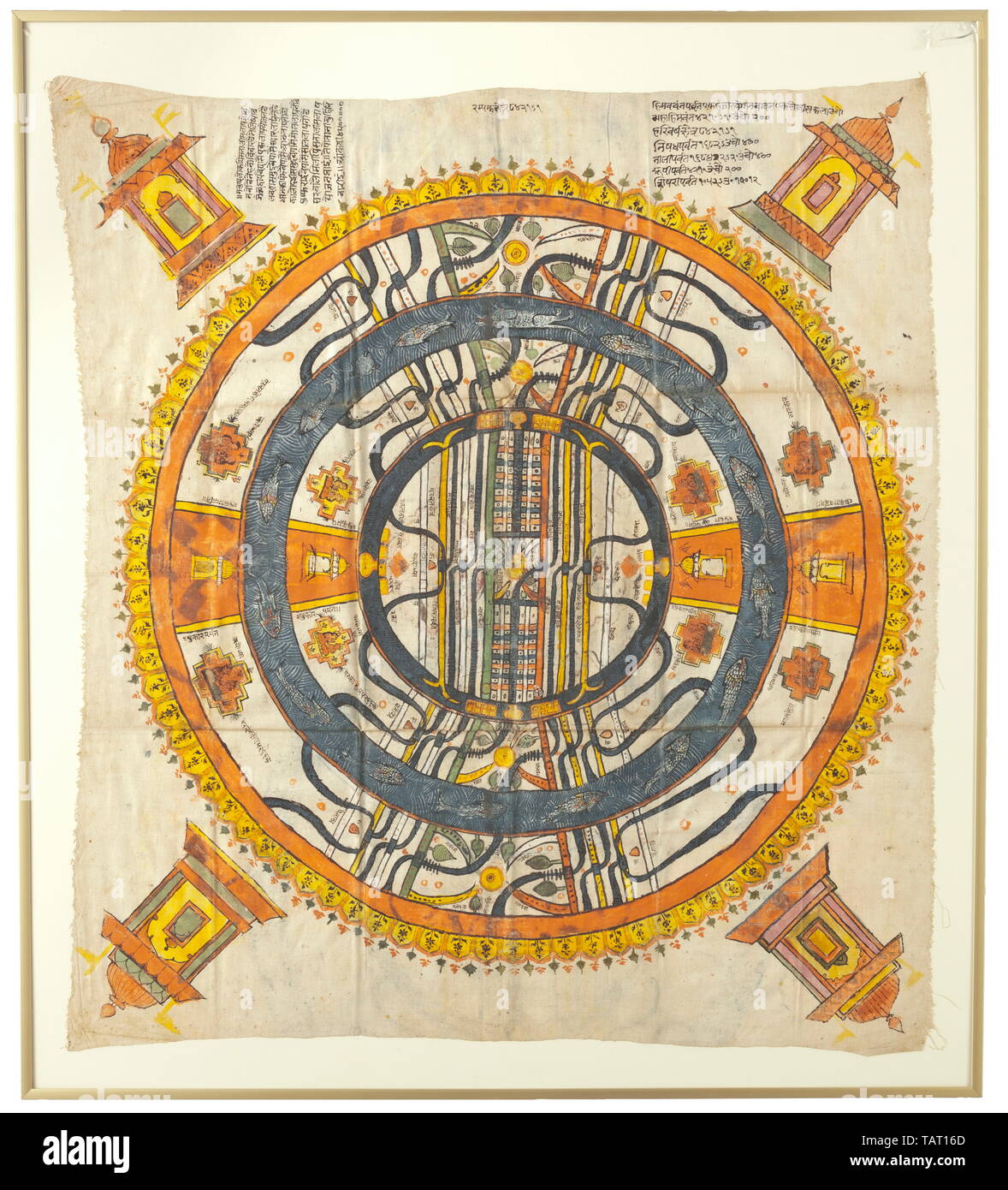 Représentation de la cosmologie Jain, Gujarat, 19e siècle, Gouache sur le coton. Représentation de richement colorées des "deux et demi de continents' (Adhaidvipa) avec le palais des quatre Tirthankaras dans chaque coin. Dans le centre et à la frontière du texte explicatif. Encadré et sous verre. Dimensions de tissu ca. 71 x 81 cm, châssis de 81 x 91 cm. Cf. Jan van Alphen, 2500 ans d'art et de la Religion Jain, Anvers (Etnografisch museum) 2000, pp. 117 - 120., 19ème siècle historique historique Additional-Rights Clearance-Info,--Not-Available Banque D'Images
