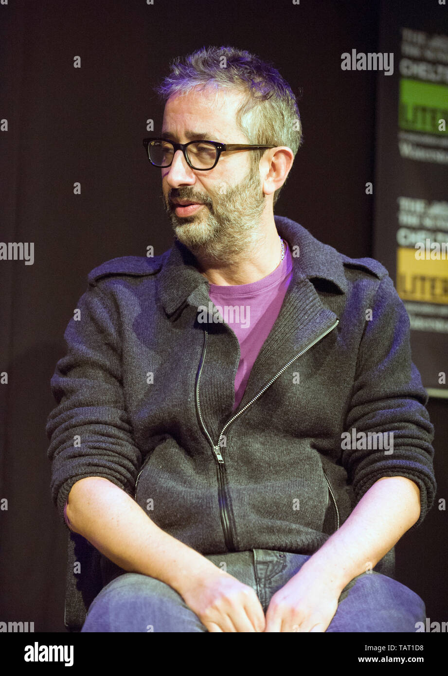 Le comédien britannique, romancier et animateur de télévision David Vincent Niclot au Cheltenham Literature Festival, le 12 octobre 2014. Banque D'Images