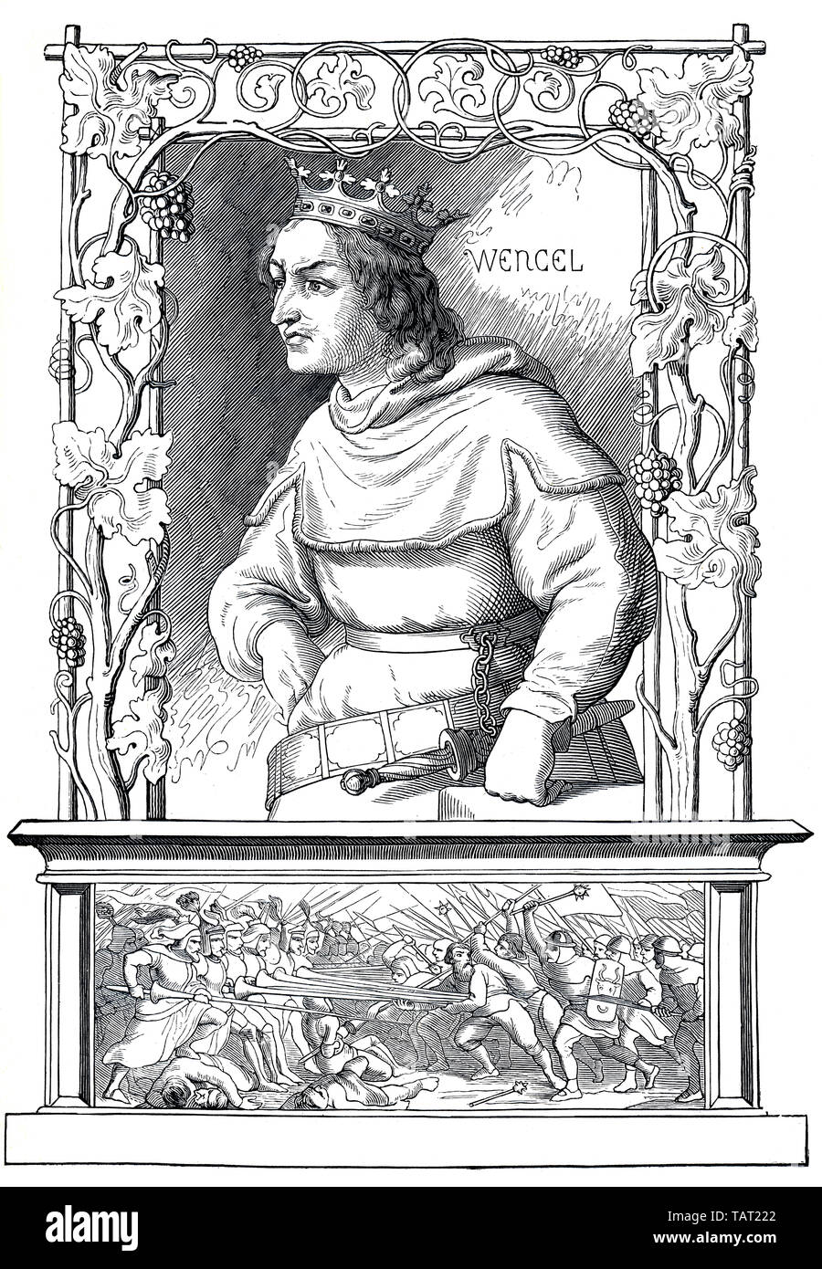 Wenceslas de Luxembourg ou Václav, 1361 - 1419, l'illustration historique, 19e siècle, Wenzel von Luxemburg aus dem Geschlecht der Luxemburger, Beiname der Faule oder Wenzeslaus oderVáclav ; (1361 - 1419), als Wenzel IV. König von Böhmen, römisch-deutscher König und Kurfürst von Brandenburg, historische Mischtechnik aus dem 19. Jahrhundert Banque D'Images