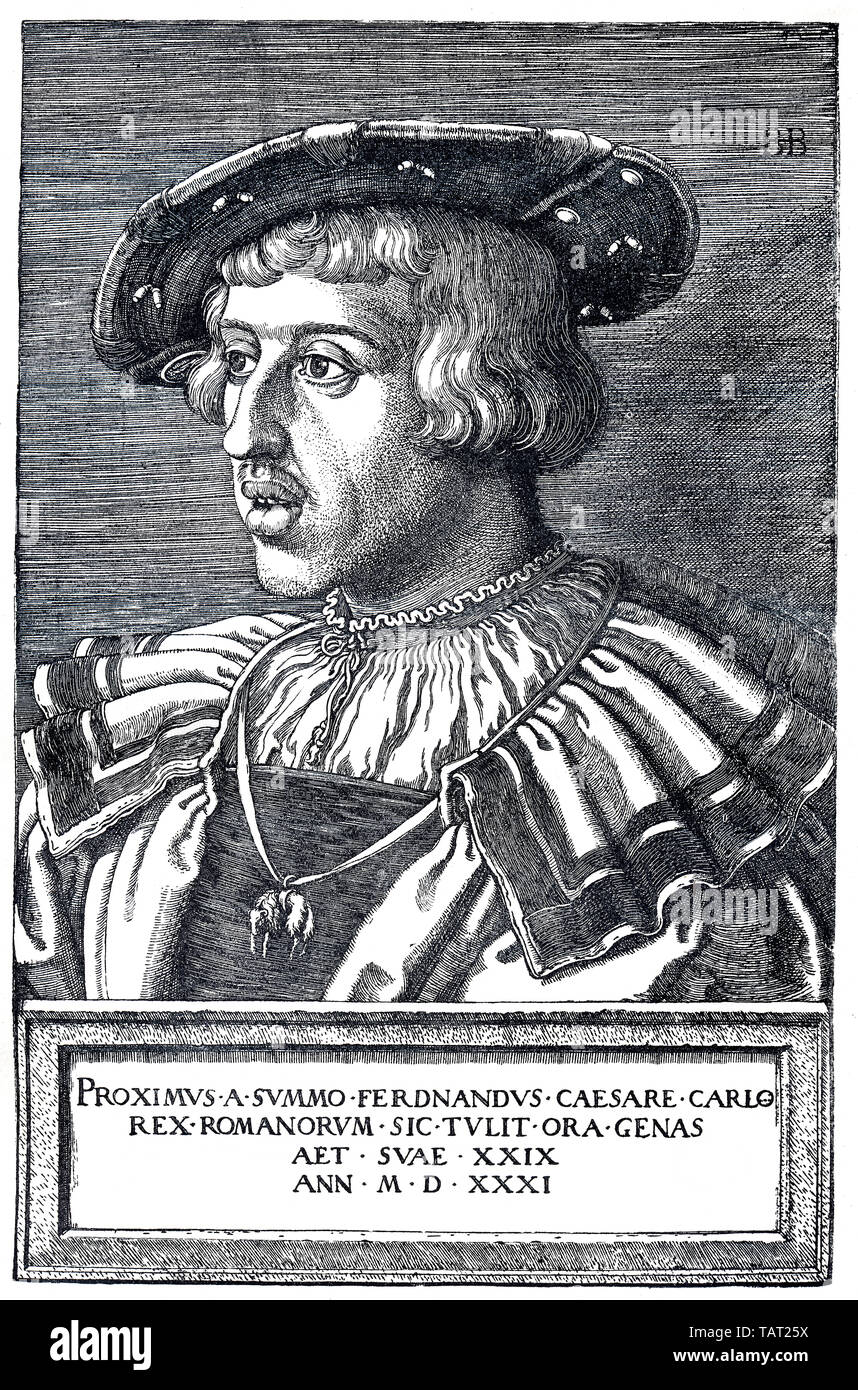 L'empereur Ferdinand I, 1503 - 1564, gravure sur cuivre par Barthel Beham, datant de 1531, l'empereur Ferdinand I., (1503 - 1564), l'empereur des Heiligen Römischen Reiches, Erzherzog von Österreich, König von Böhmen, Kroatien und Ungarn, römisch-deutscher König von Barthel Beham, Kupferstich aus dem Jahr 1531 Banque D'Images