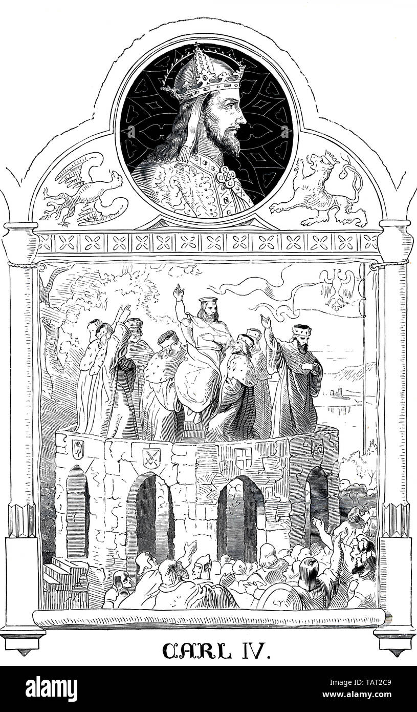 Charles IV, 1316 - 1378, avec l'anti-roi Guenther XXI, comte de Schwarzburg-Blankenburg, 1304 - 1349, l'illustration historique, 19e siècle , Karl IV. (1316 - 1378 ), römisch-deutscher König, König von Böhmen und römisch-Deutscher Kaiser, aus dem Geschlecht der Luxemburger, mit Gegenkönig Günther XXI., Graf von Schwarzburg-Blankenburg ( 1304 - 1349), ein Deutscher Adliger, historische Mischtechnik aus dem 19. Jahrhundert Banque D'Images