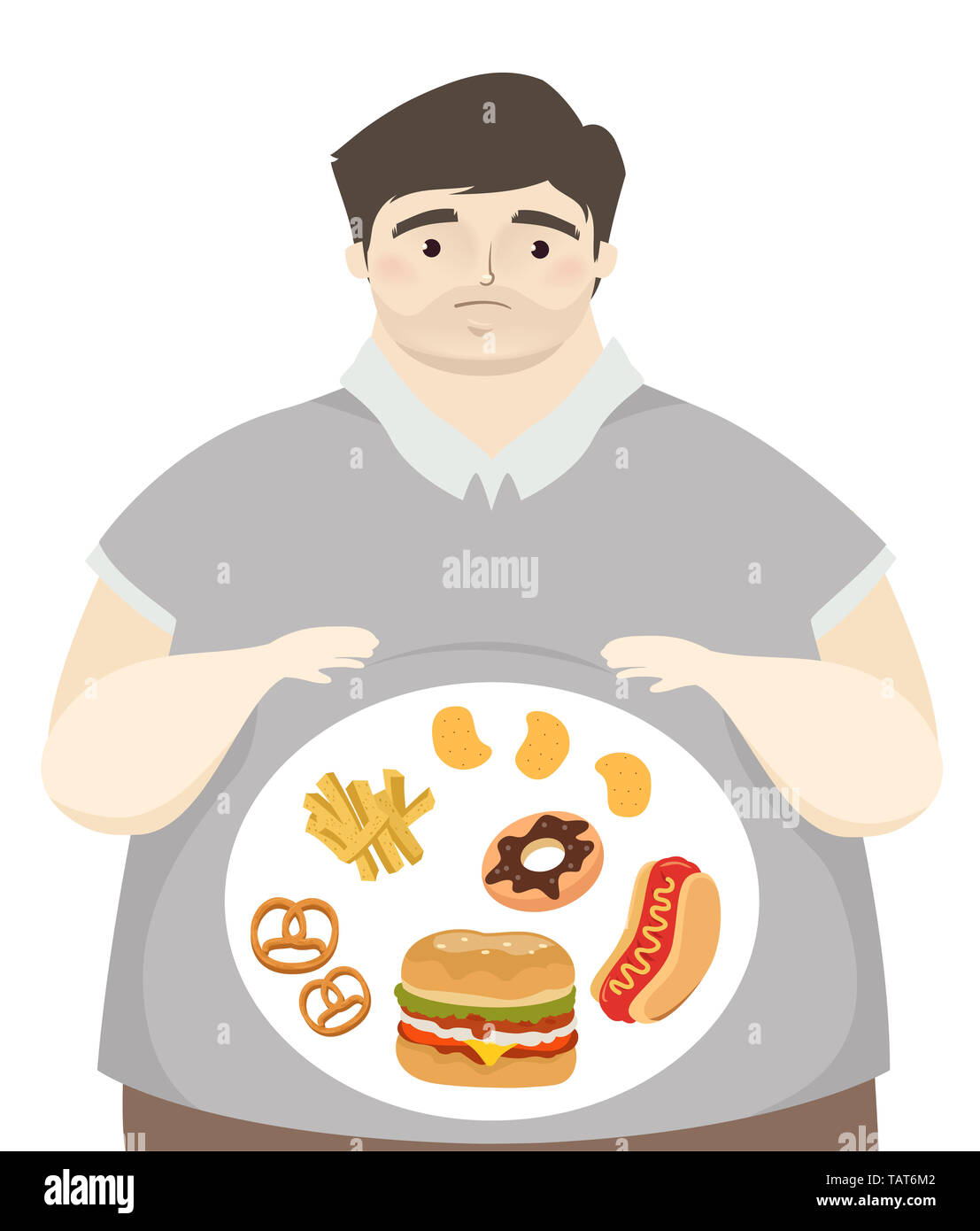 Illustration d'un gros homme à la malbouffe dans son ventre de Pretzel, Donut, chips, frites, Sandwich Hot-dog et Hamburger Banque D'Images