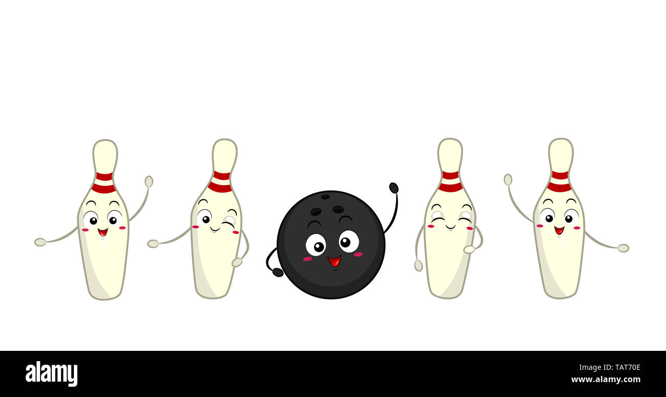 Illustration de la boule de bowling et la broche de mascottes agitant leurs bras Banque D'Images