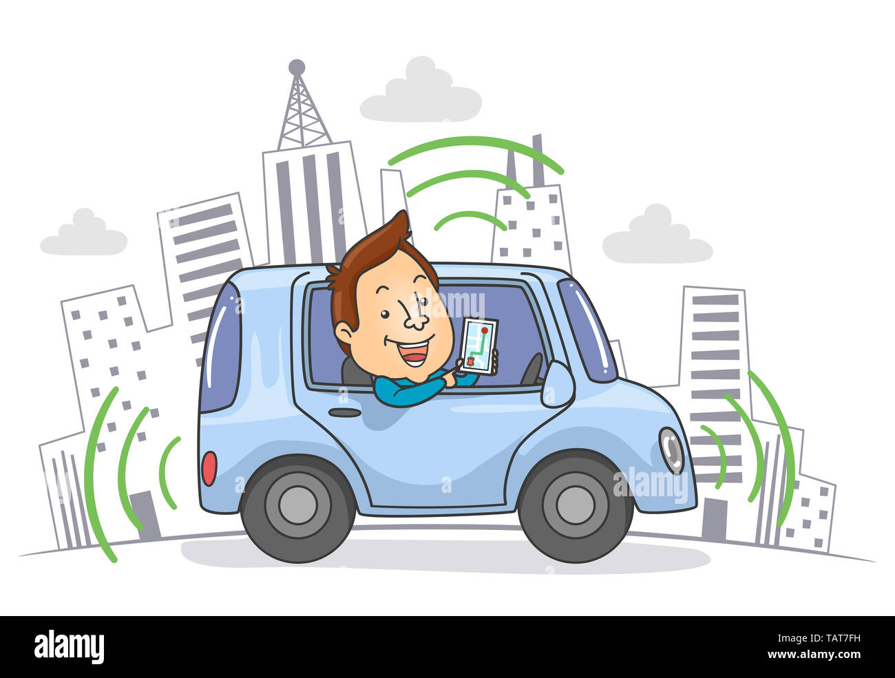 Illustration d'un homme montrant la carte de navigation mobile alors qu'une auto Driving Car Banque D'Images