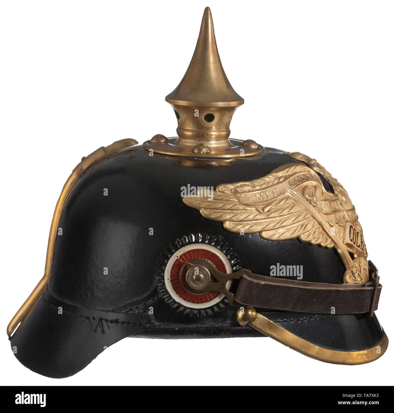 L'Allemagne impériale jusqu'en 1914, un casque allemand M 1899 pour les  soldats du 9e Régiment d'infanterie motorisée en cuir noir bouilloire  marqué corps avec pare-soleil avant et arrière, bon état, doublure en