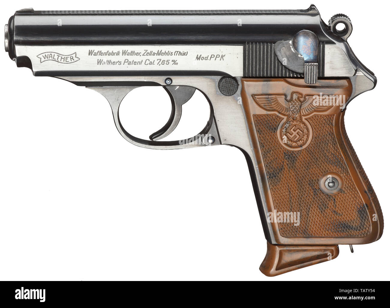 Un Walther PPK ZM, PL - 'Ehrenwaffe des politischen Leiters' (arme d'honneur d'un dirigeant politique), complet avec PL-étui, Cal. 7,65 mm, no. 881507. Alésage lumineux. La preuve de la couronne/N. Circa 1937 Production. 90ø-sécurité. Inscription Standard. Original, complet, très bleu-noir finition polie. Bleui de petites pièces. Original, impeccable, poignée en plastique tacheté de brun, grand panneau partie blanche de chaque côté. Magazine correct avec extension précoce. En tant que nouvel état. Complet avec l'origine, au début de la 'Tasche zur politischen Leiters des Ehrenwaffe» Additional-Rights, faite de st-Clearance-Info-Not-Available Banque D'Images