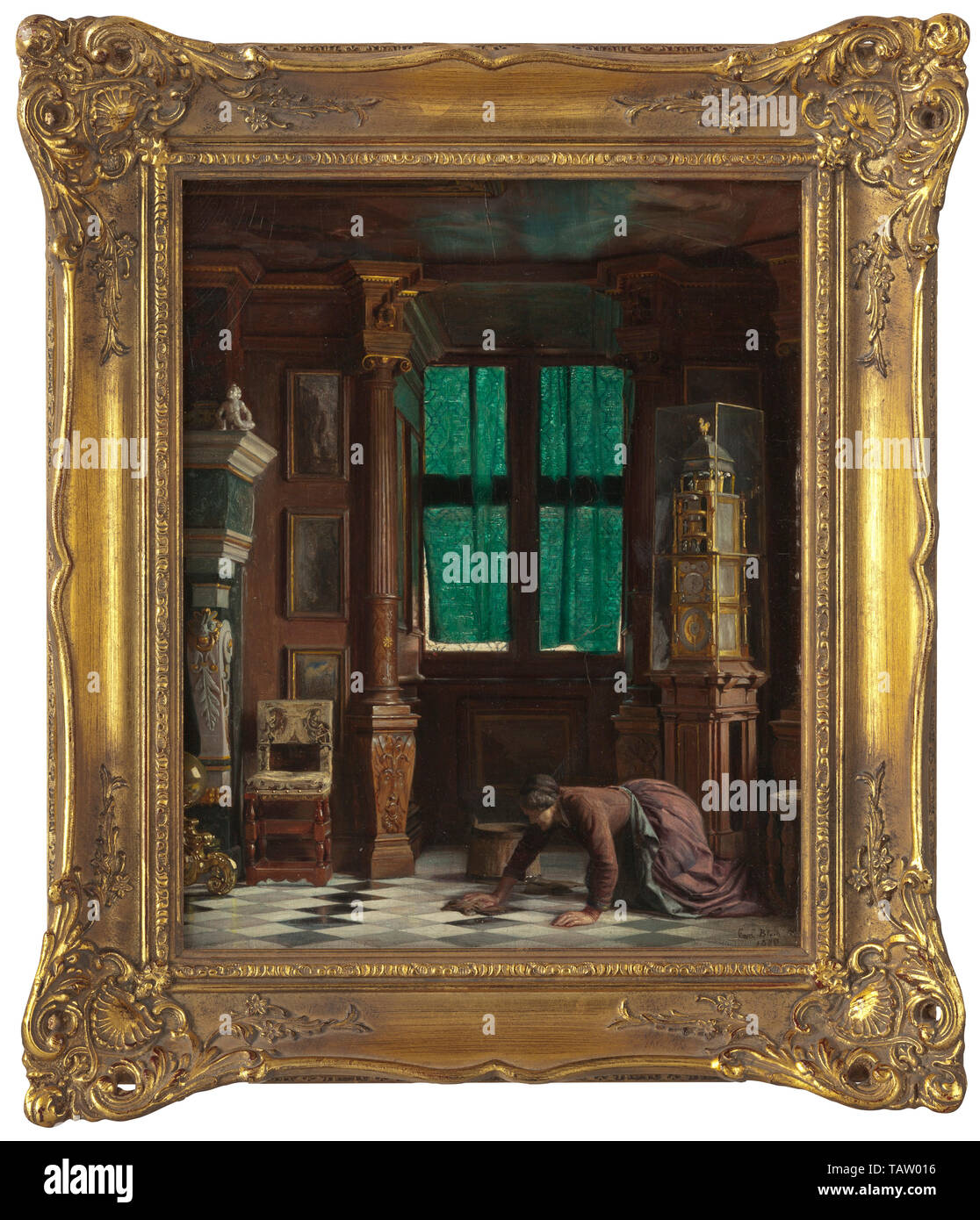 Carl Heinrich Bloch (1834 - 1890) - intérieur du château, huile sur toile, signée et datée 'Carl Bloch 1880' en bas à droite. Château baroque, haut prix, richement équipé d'horloge permanent, peintures, peinture plafond et des meubles, une servante d'essuyer le plancher. Peinture fine vives avec de délicates composition de couleurs. Nouveau cadre en relief somptueux. Dimensions de la peinture circa 33 x 27 cm, dimensions du cadre 47 x 41 cm environ. La peinture de genre de haute qualité par un maître danois de la fin de l'époque romantique qui a étudié à l'Académie des beaux-arts à Copenhague, un Additional-Rights Clearance-Info-Not-Available- Banque D'Images