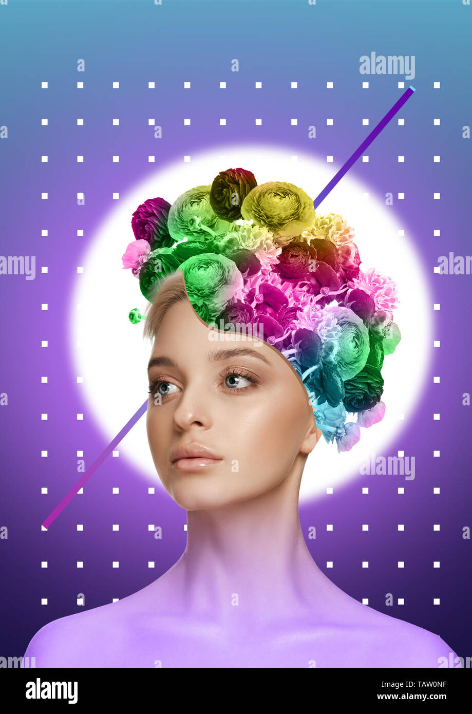 Corps de femme de race blanche modèle avec la tête pleine de pensées à propos des fleurs et du printemps. Néon branché et background. M Banque D'Images