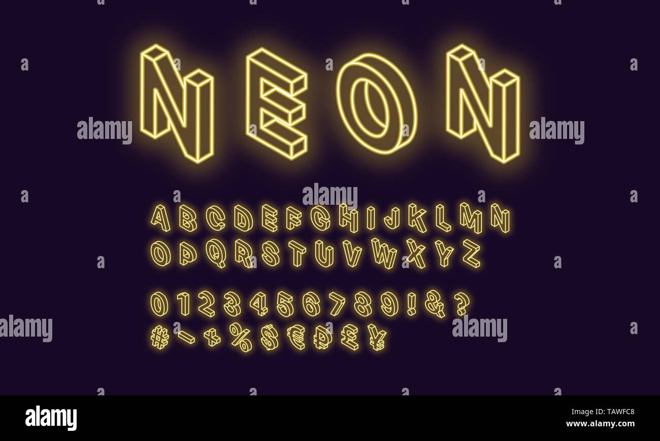 Alphabet isométrique néon, couleur jaune. Police vectorielle néon avec ensemble de lettres rougeoyant isométrique, chiffres, devises et différents signes et symboles. Ve Illustration de Vecteur