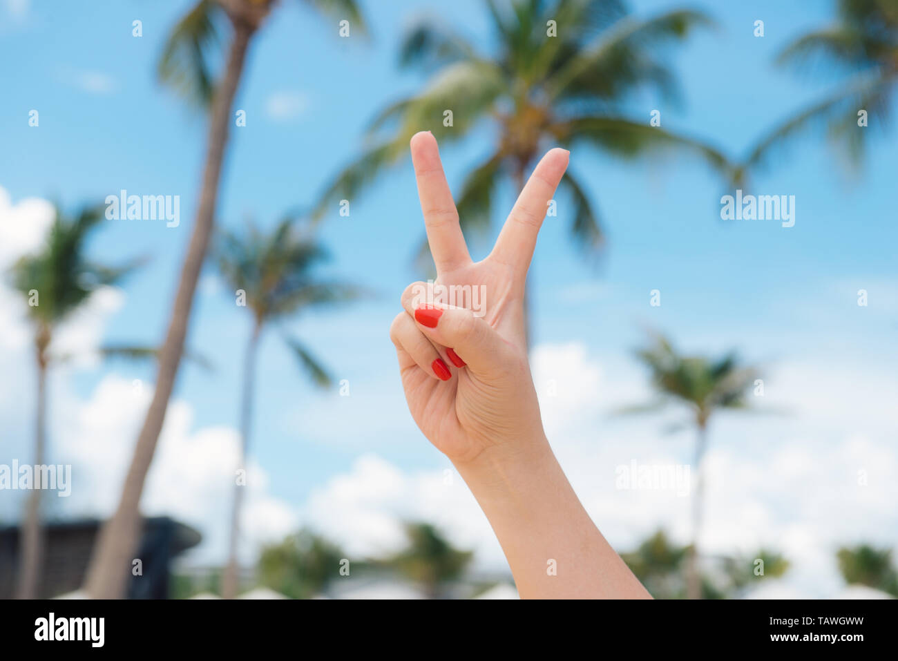 La main de femme avec deux doigts jusqu'à la victoire de la paix ou de symbole. Aussi le signe pour la lettre V en langue des signes. Beach reste dans le contexte de l'al. Banque D'Images