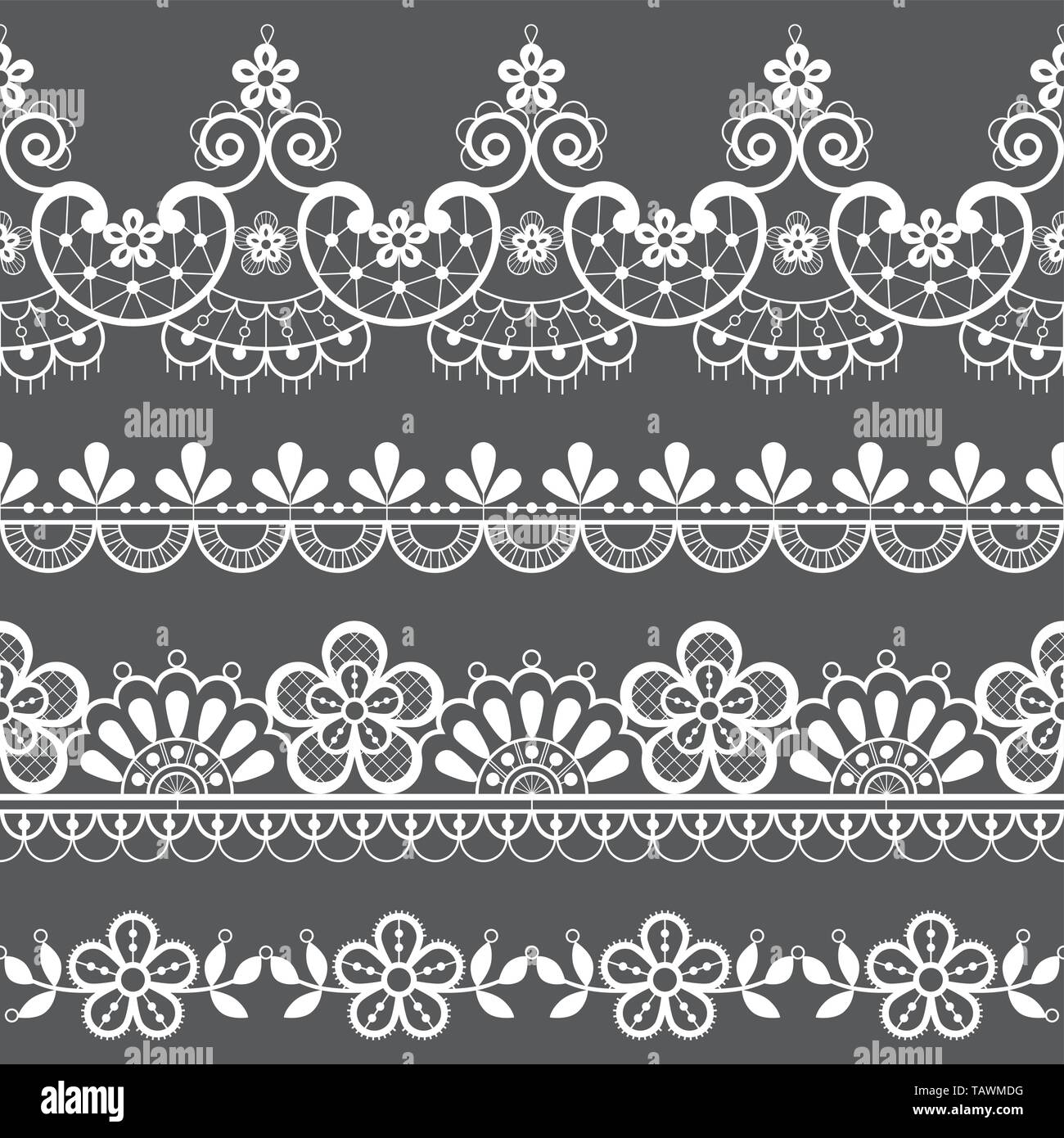 Dentelle Vintage modèle vectoriel continu, avec des fleurs d'ornement design répétitif et fait tournoyer en blanc sur fond gris Illustration de Vecteur