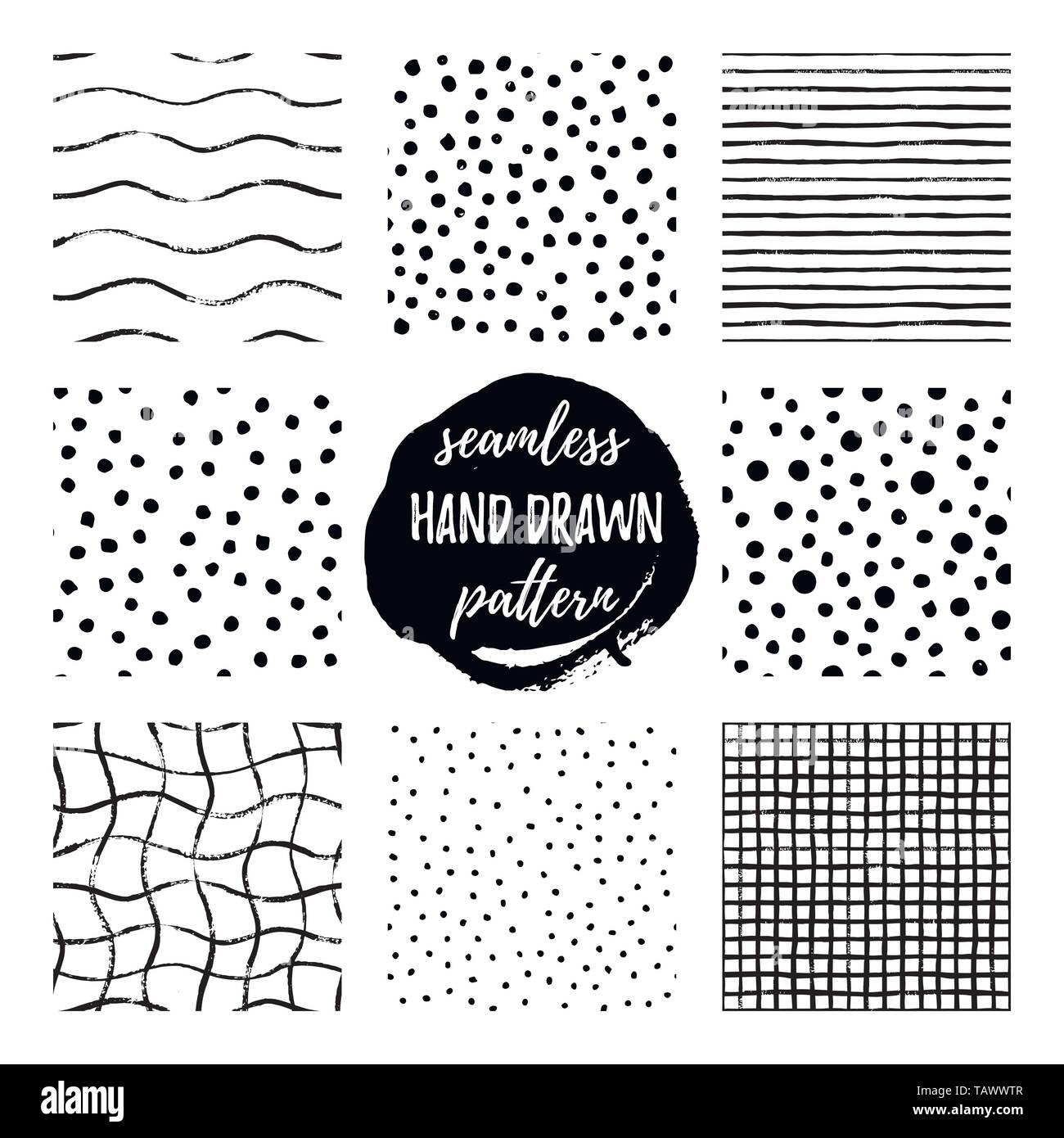 Ensemble de huit attirer la main noire motif blanc. Transparente texture vecteur modèle de points, petits pois, rayures, grille et les vagues. Vecteur conception élégante Illustration de Vecteur