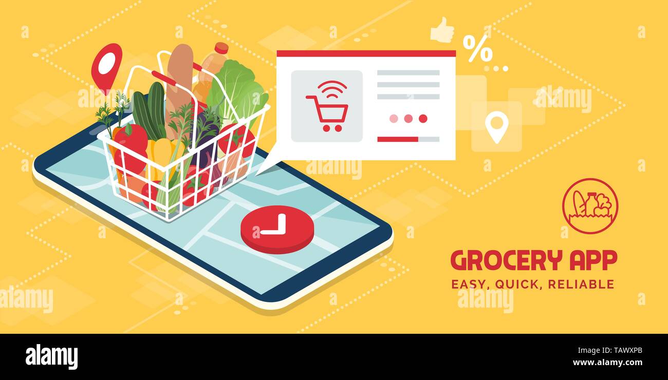Livraison de courses à domicile et l'application pour smartphone : Le panier de légumes frais, de boissons et d'aliments sur un écran de téléphone mobile Illustration de Vecteur