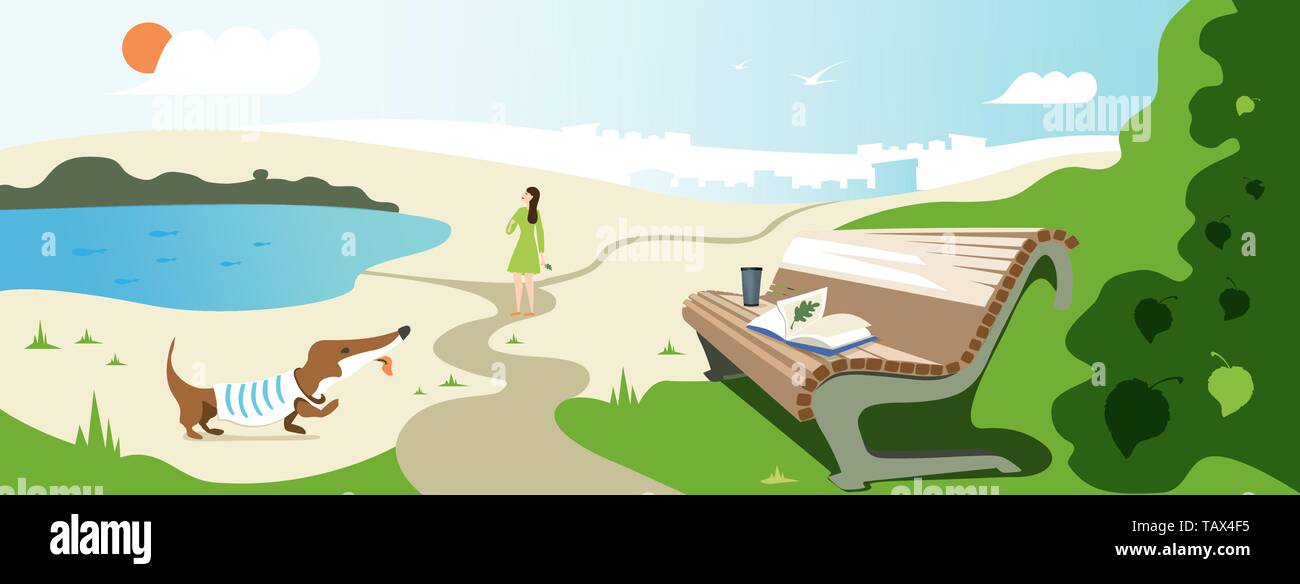 Vector design de bannières à propos de summer se détendre. Illustration d'une fille qui marche avec un chien, un banc avec un livre et un verre en Parc, Lac, sable, herbe, arbre Illustration de Vecteur