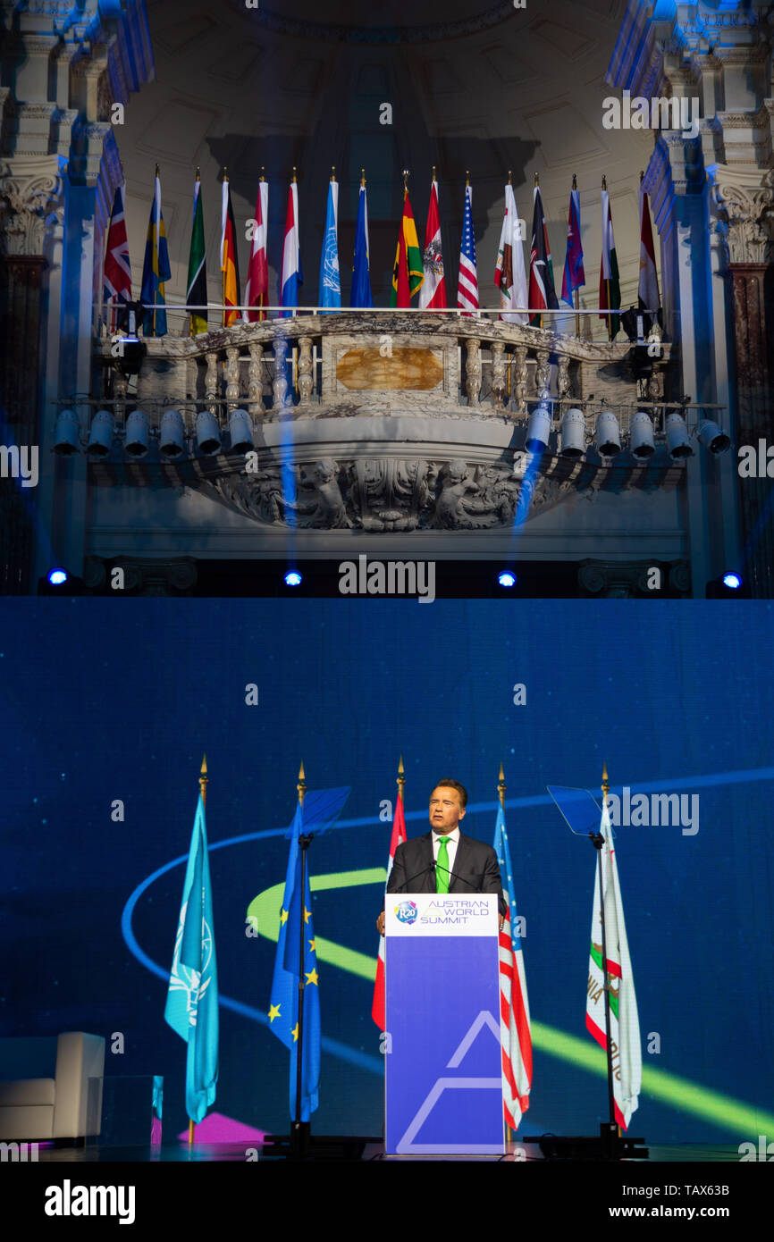 Acteur et ancien gouverneur de Californie Bellerose Schwarzenegger donne un discours au Sommet mondial sur l'Autriche 28 Mai 2019 Banque D'Images