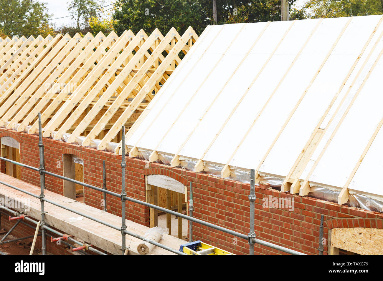 L'installation d'isolation solide des feuilles dans des fermes de toit sur une maison construire Banque D'Images
