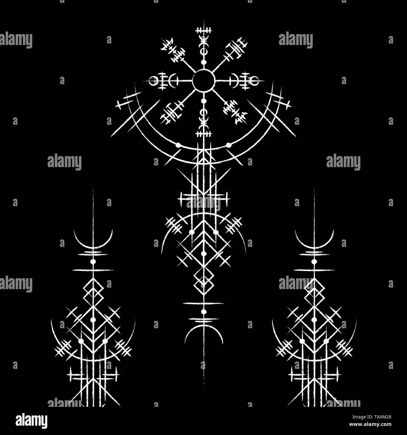 Fond noir avec le résumé de la magie blanche d'anciens symboles Illustration de Vecteur