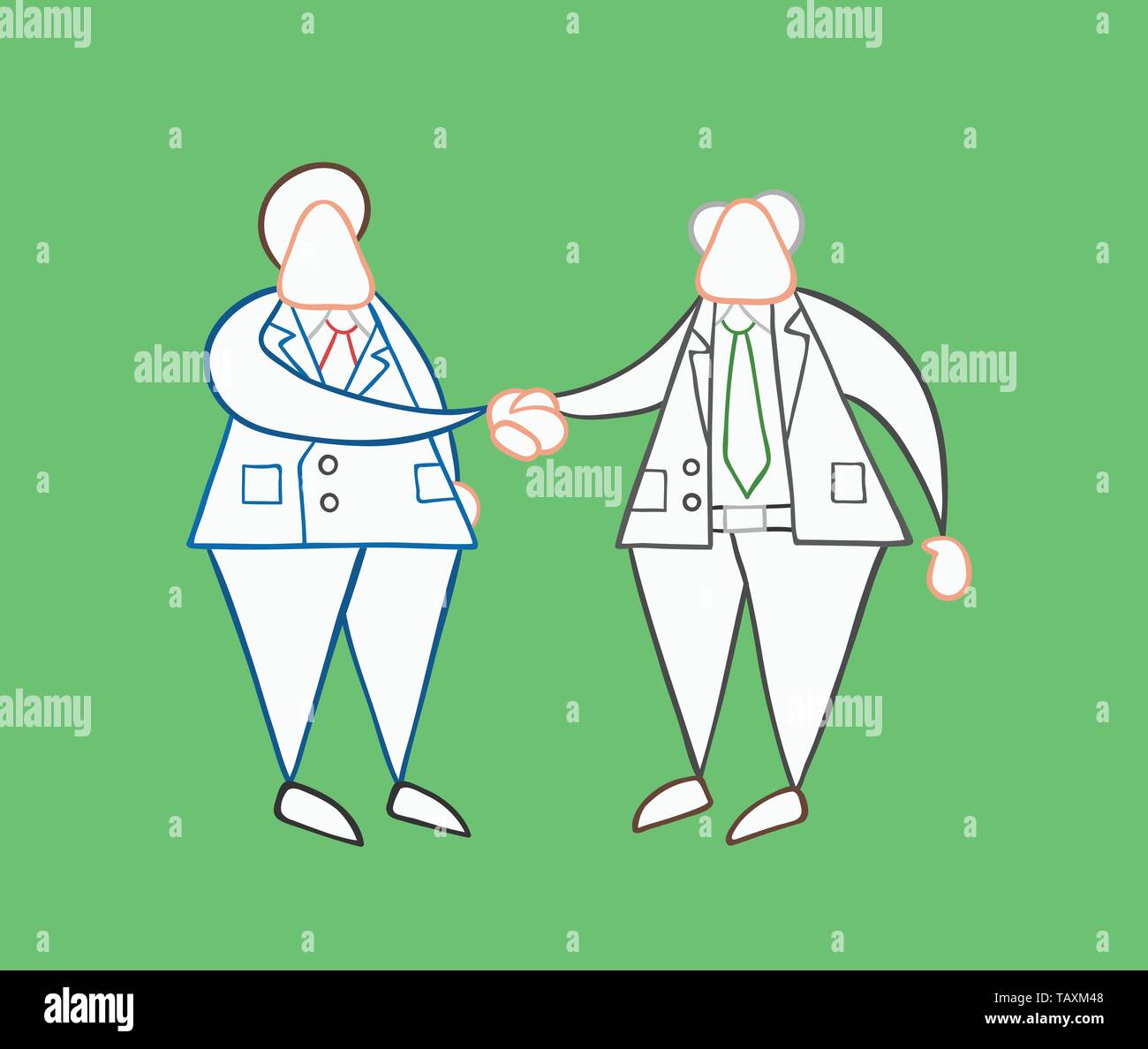 Vector illustration dessinée à la main et patron travailleur businessman shaking hands. De couleur blanche et de couleur décrit, fond vert. Illustration de Vecteur