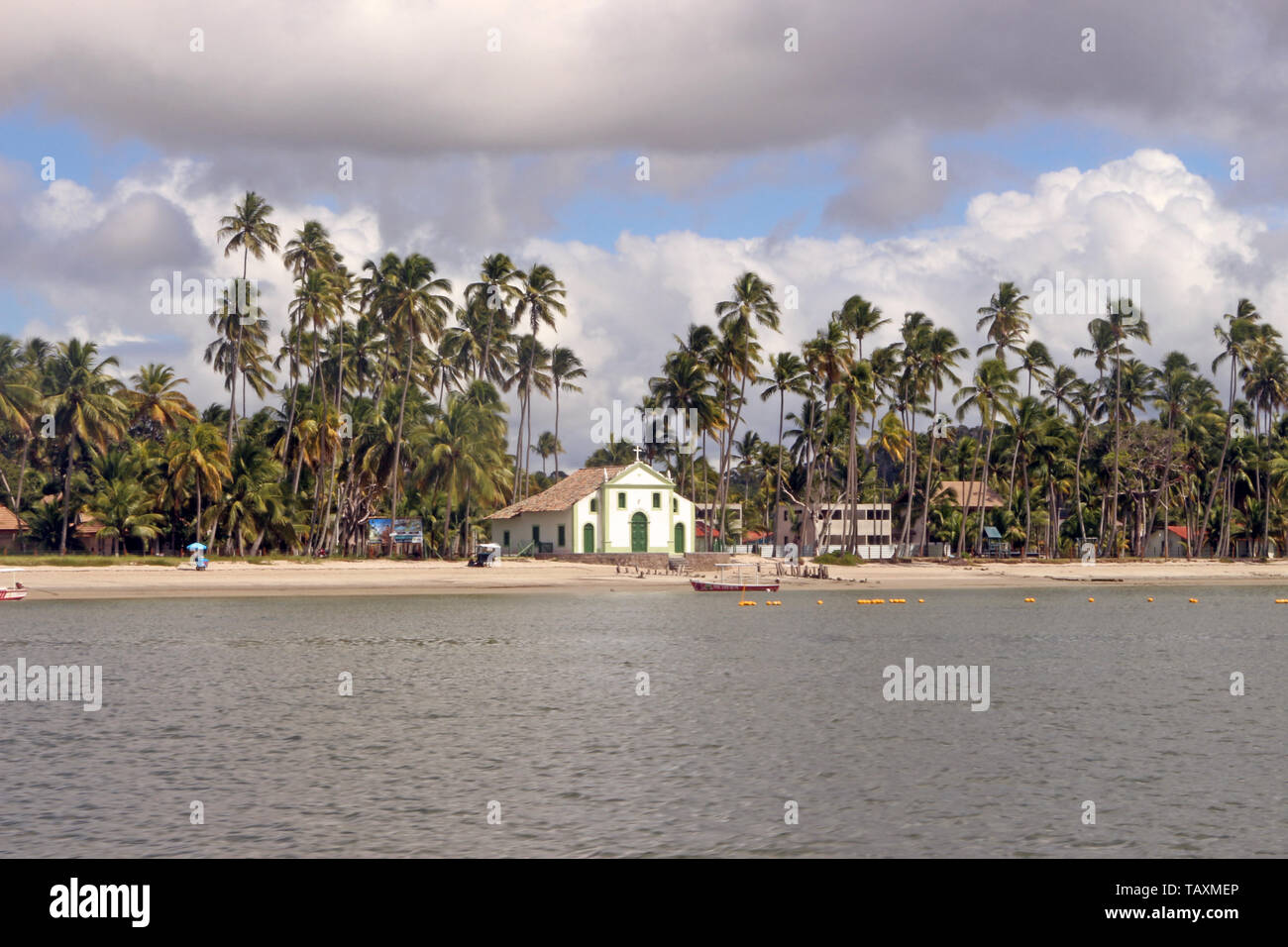 En face de la mer et la moitié de la cocoteraie, chapelle de saint Benoît sur plage de Carneiros, Pernambuco, Brésil. Banque D'Images