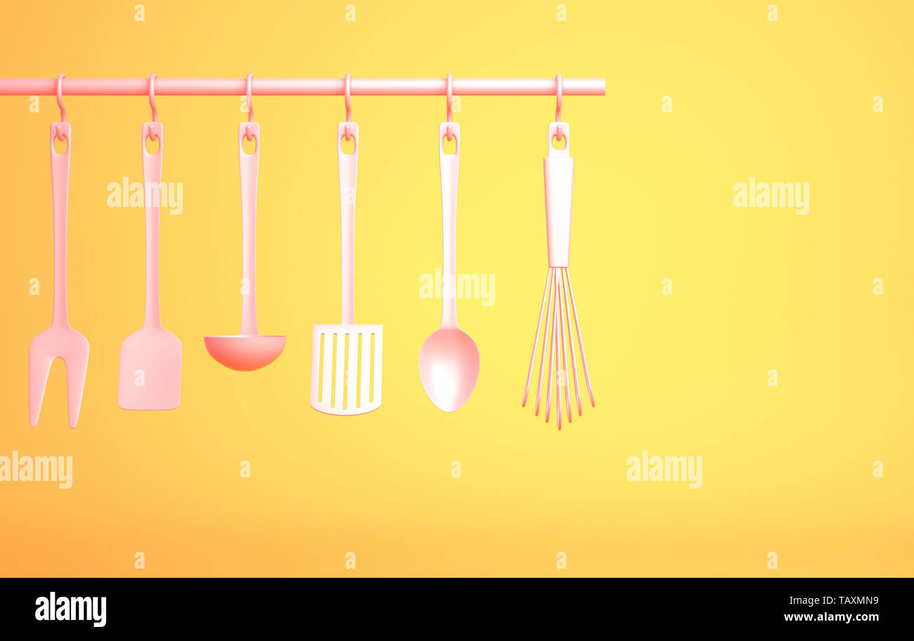 Ustensiles de cuisine rose sur fond jaune. 3D illustration Banque D'Images