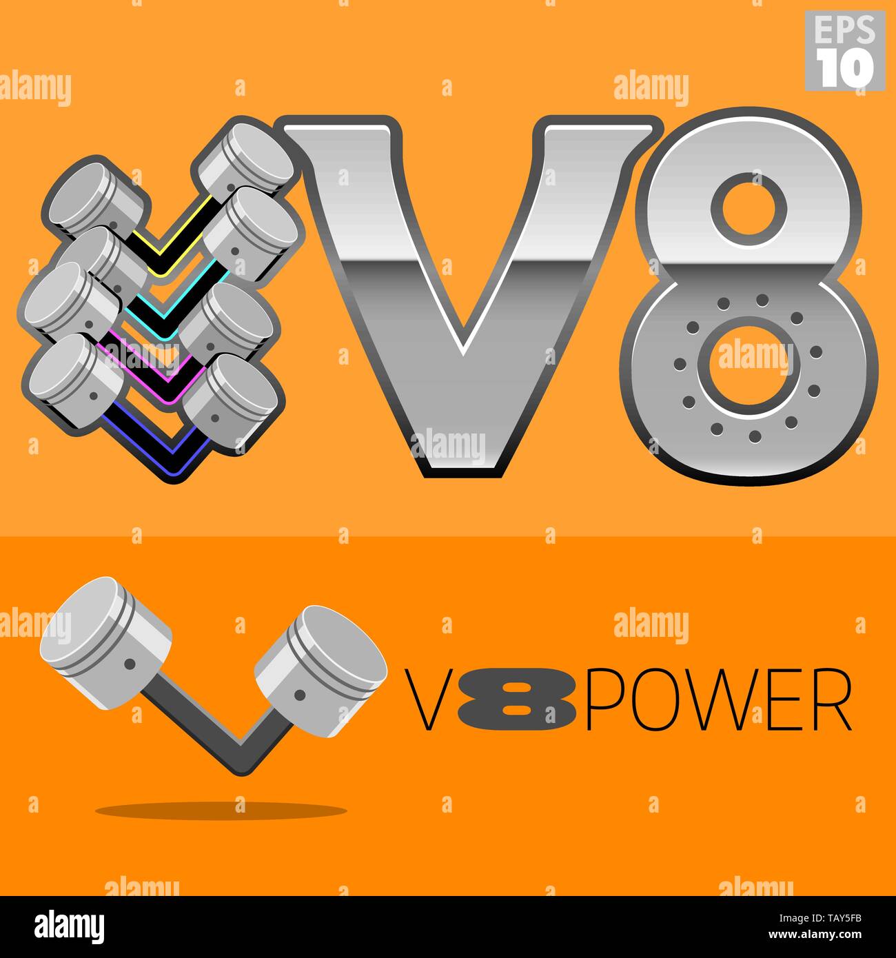 V8 puissance moteur à pistons logo. Illustration de Vecteur