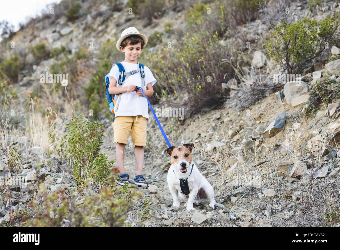 Kid with pet dog friendly par randonnée pédestre dans les montagnes de Chypre Banque D'Images