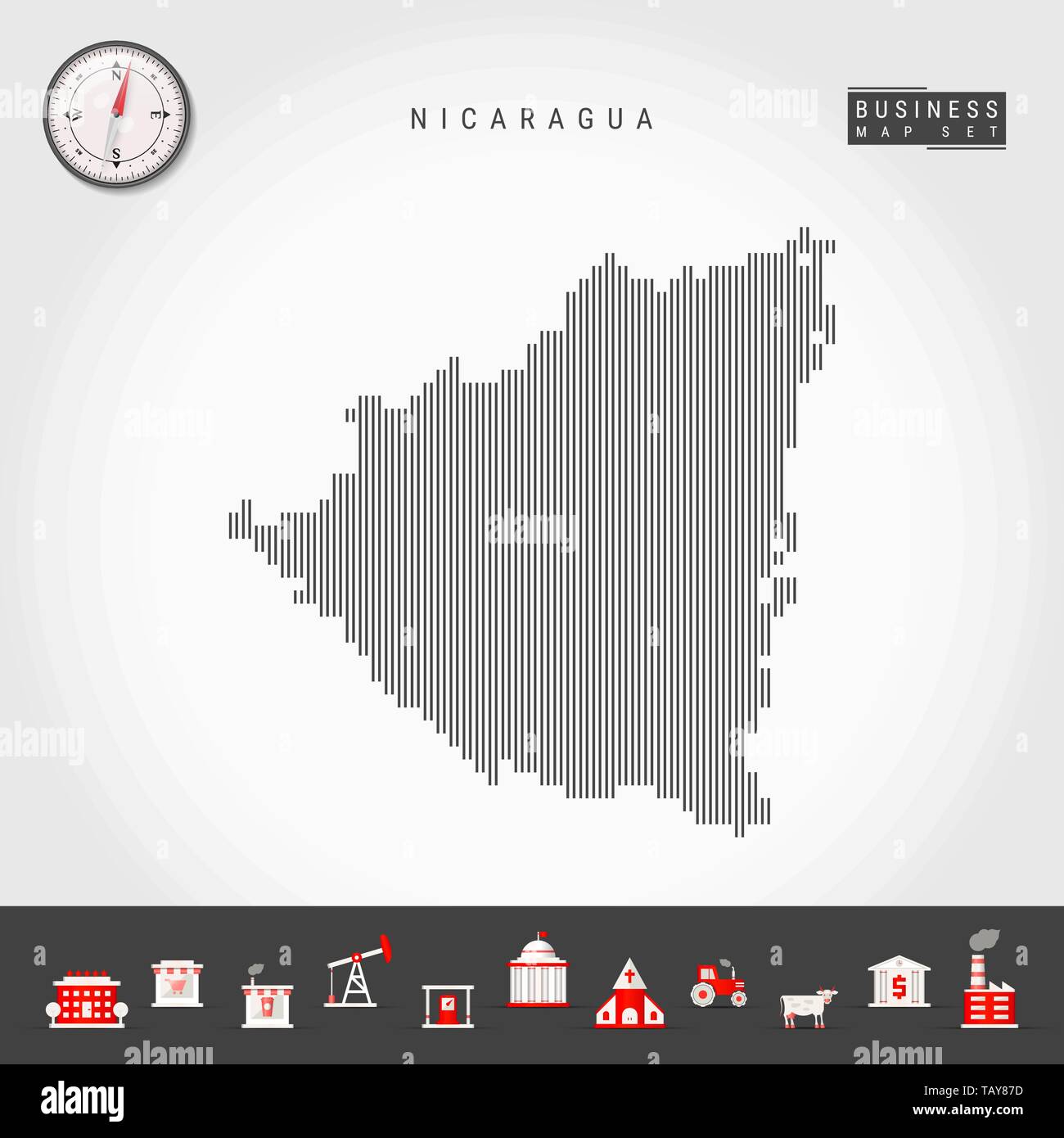 Lignes verticales Vector Pattern Map du Nicaragua. Silhouette Simple rayée du Nicaragua. Vecteur réaliste boussole. L'infographie d'icônes. Illustration de Vecteur