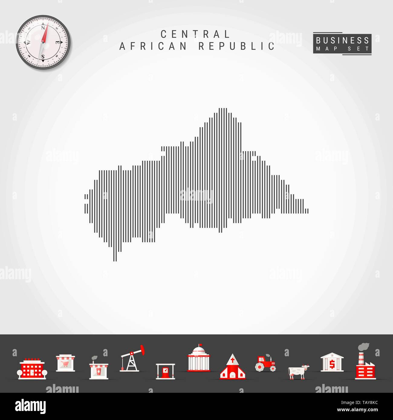 Lignes verticales Vector Pattern Map de République centrafricaine. Silhouette Simple à rayures. Vecteur réaliste boussole. L'infographie d'icônes. Illustration de Vecteur