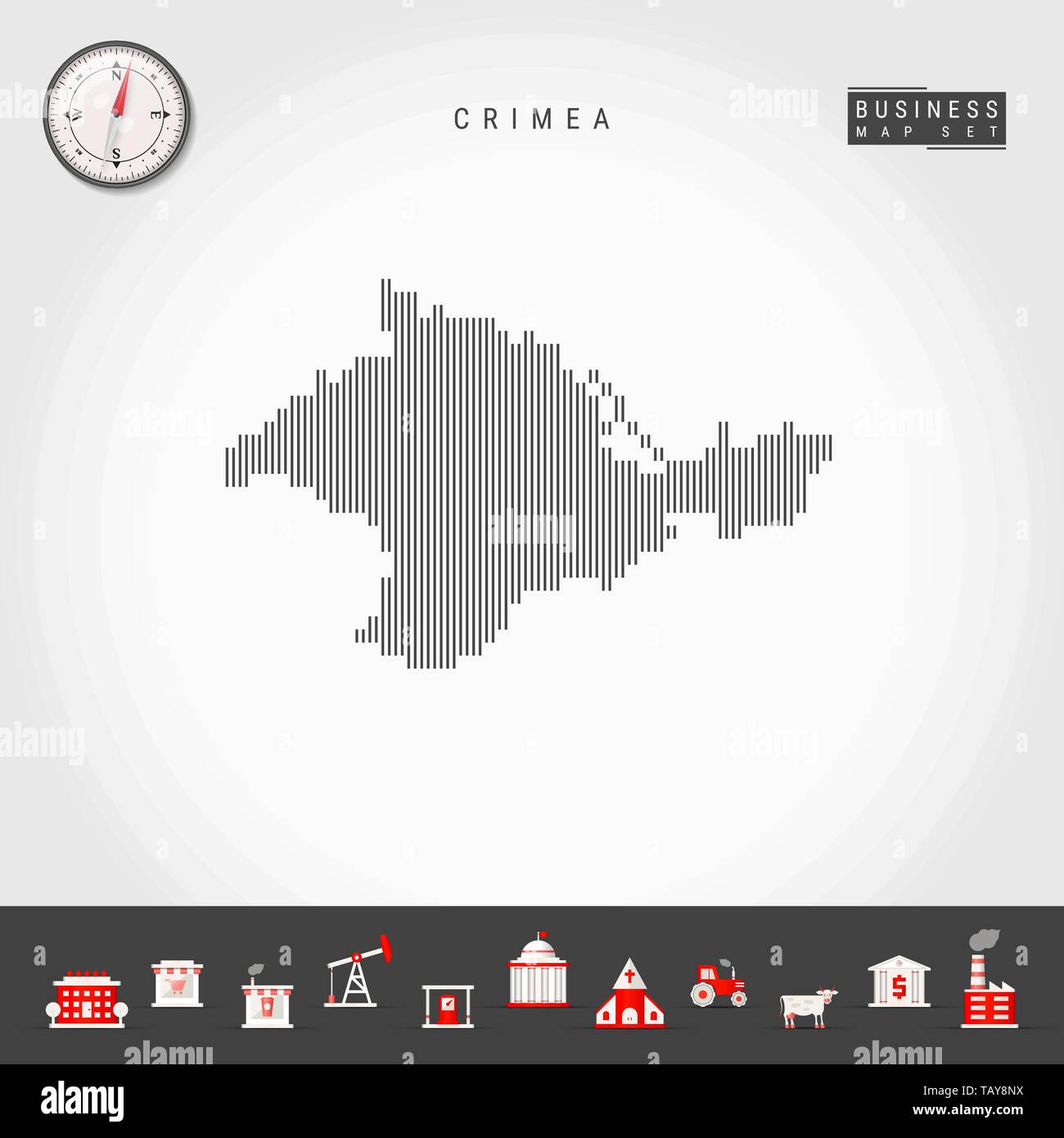 Lignes verticales Vector Pattern Map de Crimée. Simple à rayures Silhouette de Crimée. Vecteur réaliste boussole. L'infographie d'icônes. Illustration de Vecteur