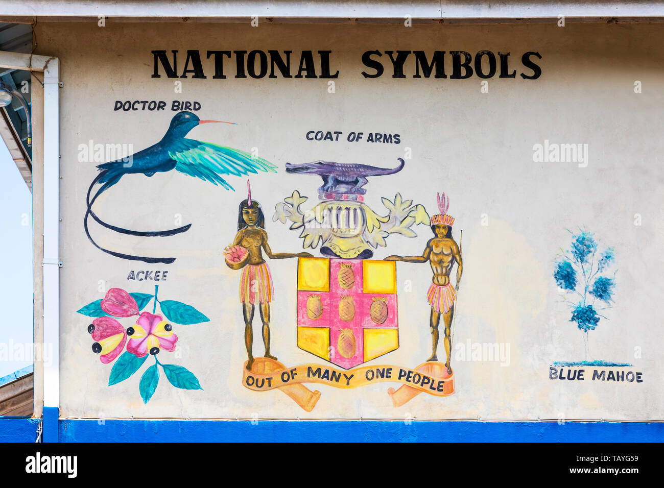 Peintures par des écoliers sur un mur d'école illustrant les symboles nationaux de la Jamaïque, Ocho Rios, Jamaïque Banque D'Images