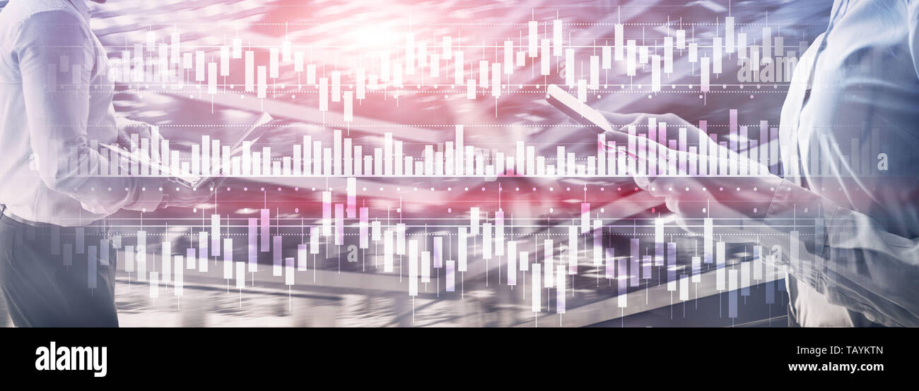 Diagramme de bougies stock trading graphique de l'entreprise Financement de l'investissement mixte concept double exposition écran virtuel. Banque D'Images