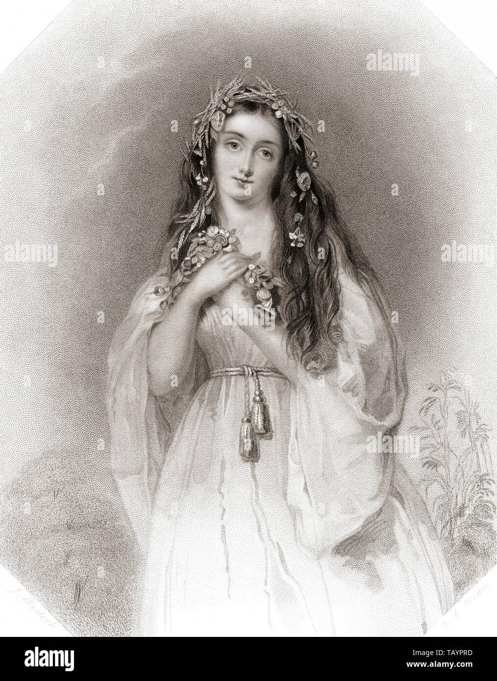 Ophélie. Personnage féminin principal de la pièce de Shakespeare Hamlet. Galerie de Shakespeare, publié c.1840. Banque D'Images