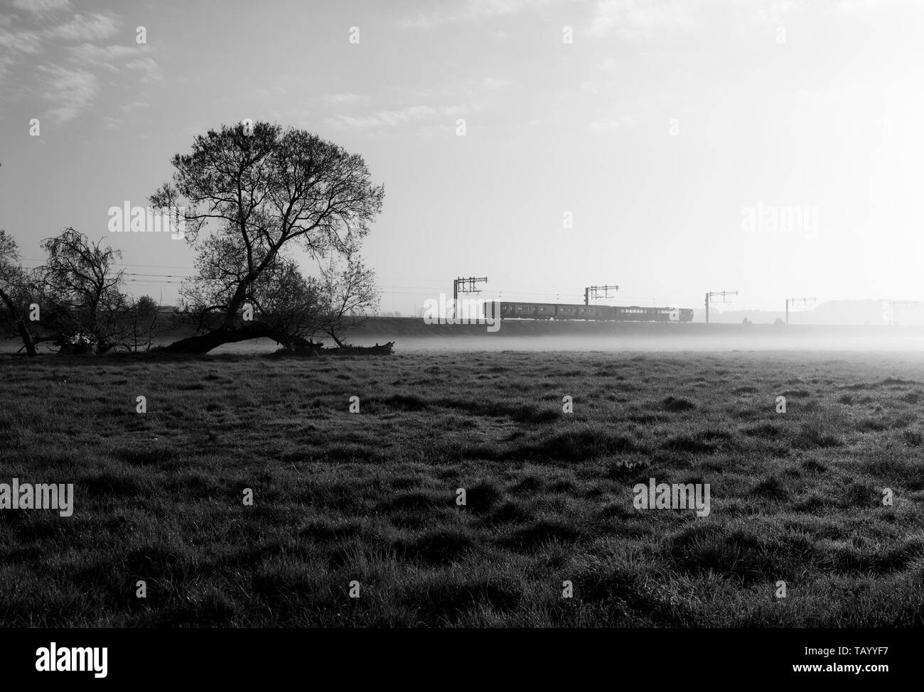 Northern rail arriva class 142 pacer et class 150 sprinter train Kirkham et Wesham misty sur un matin d'été Banque D'Images