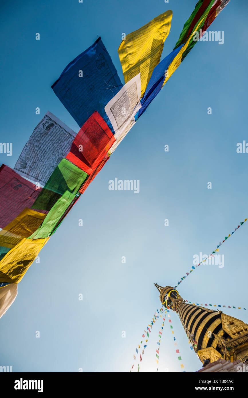 En regardant les drapeaux de prière bouddhistes et la spire d'or de Swayambhunath Stupa, Katmandou, Népal Banque D'Images
