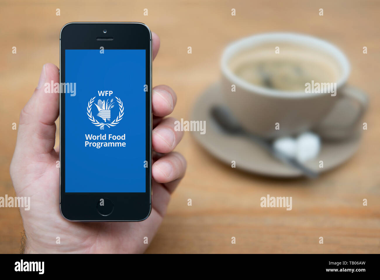 Un homme se penche sur son iPhone qui affiche le logo du Programme alimentaire mondial (usage éditorial uniquement). Banque D'Images Un homme se penche sur son iPhone qui affiche le logo du Programme alimentaire mondial (usage éditorial uniquement). Banque D'Images