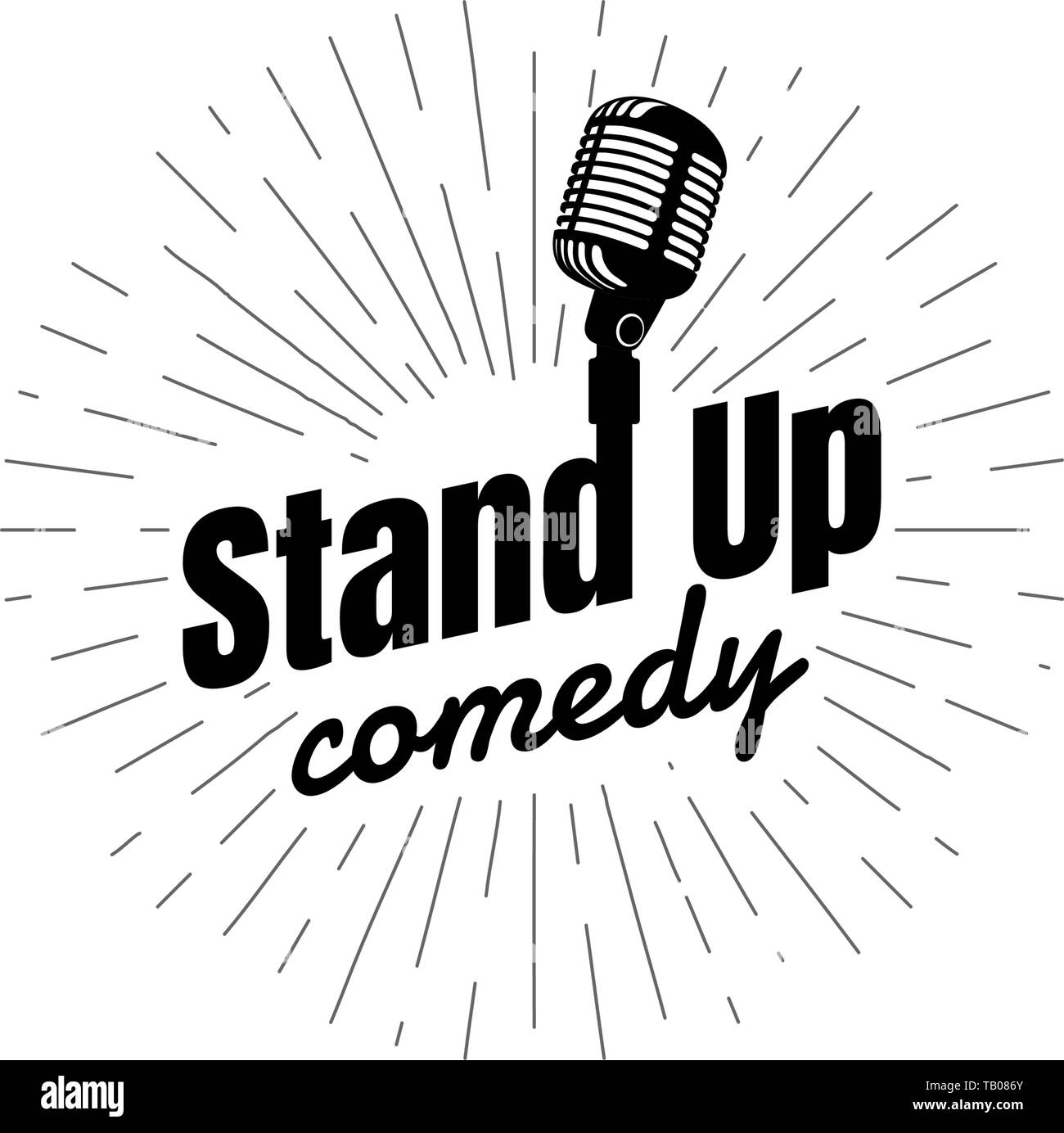 Stand up comedy night live show sign. Microphone rétro avec l'inscription et de la divergence des rayons linéaire. Vintage vector illustration EPS Illustration de Vecteur