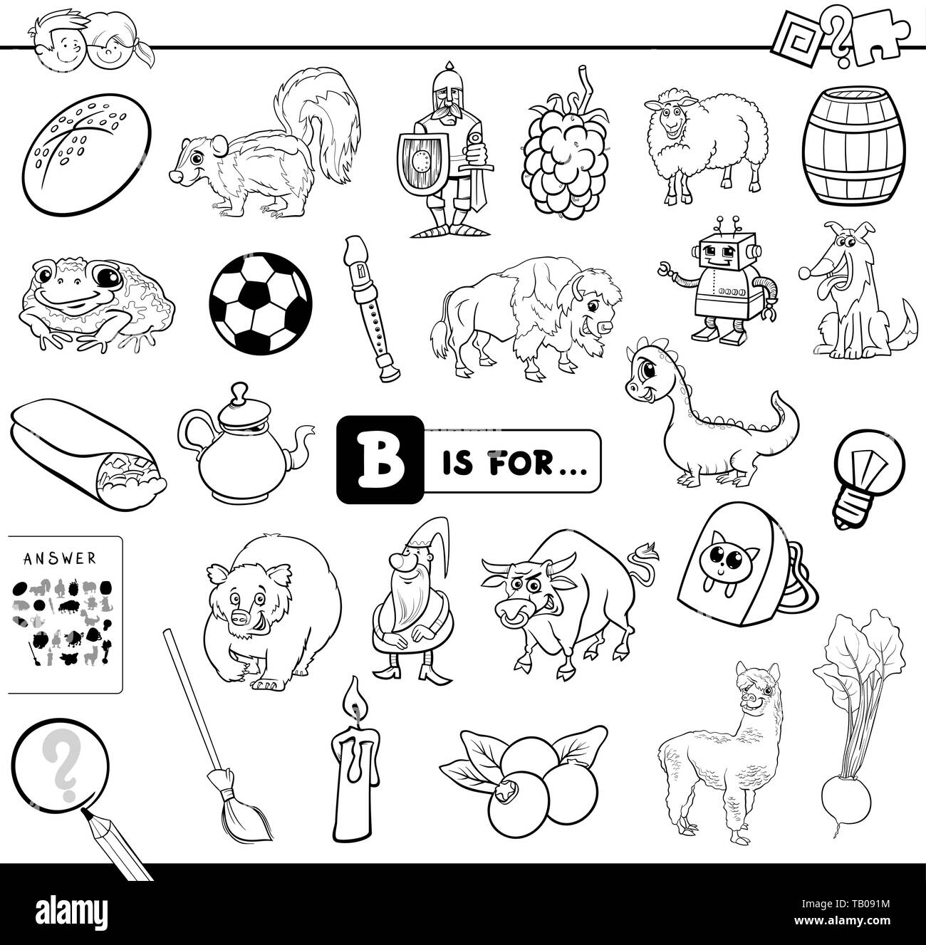 Illustration Cartoon noir et blanc de trouver Photo commençant par la lettre B Feuille de jeu éducatif pour les enfants Coloring Book Illustration de Vecteur