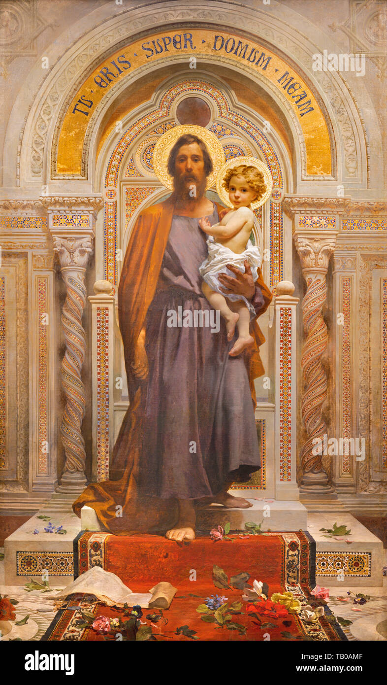 Musso, ITALIE - 8 mai 2015 : la fresque de Saint Joseph dans l'église Sacro Monte della Beata Vergine del Soccorso par F. Grandi (fin de 19 cent..). Banque D'Images