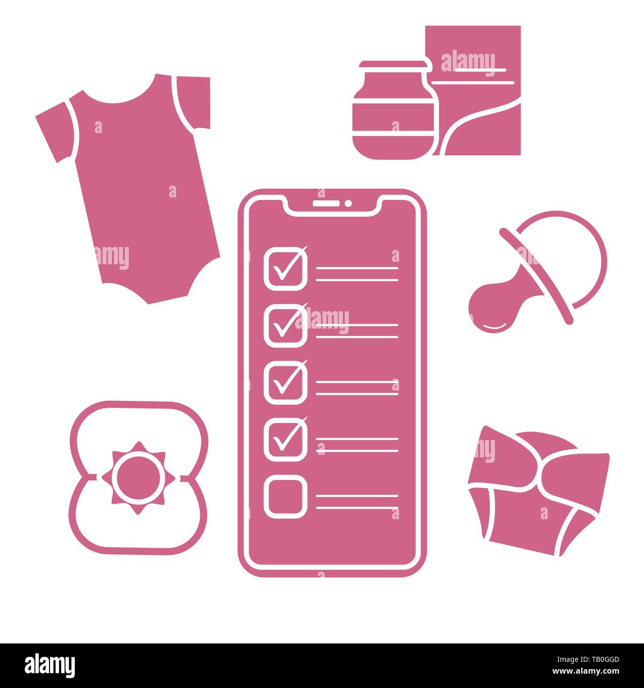 Vector illustration avec le smartphone à l'aide de bébé, accessoires. Body, aliments pour bébé, couches, peut-mamelon, bat. Les achats en ligne. Illustration de Vecteur