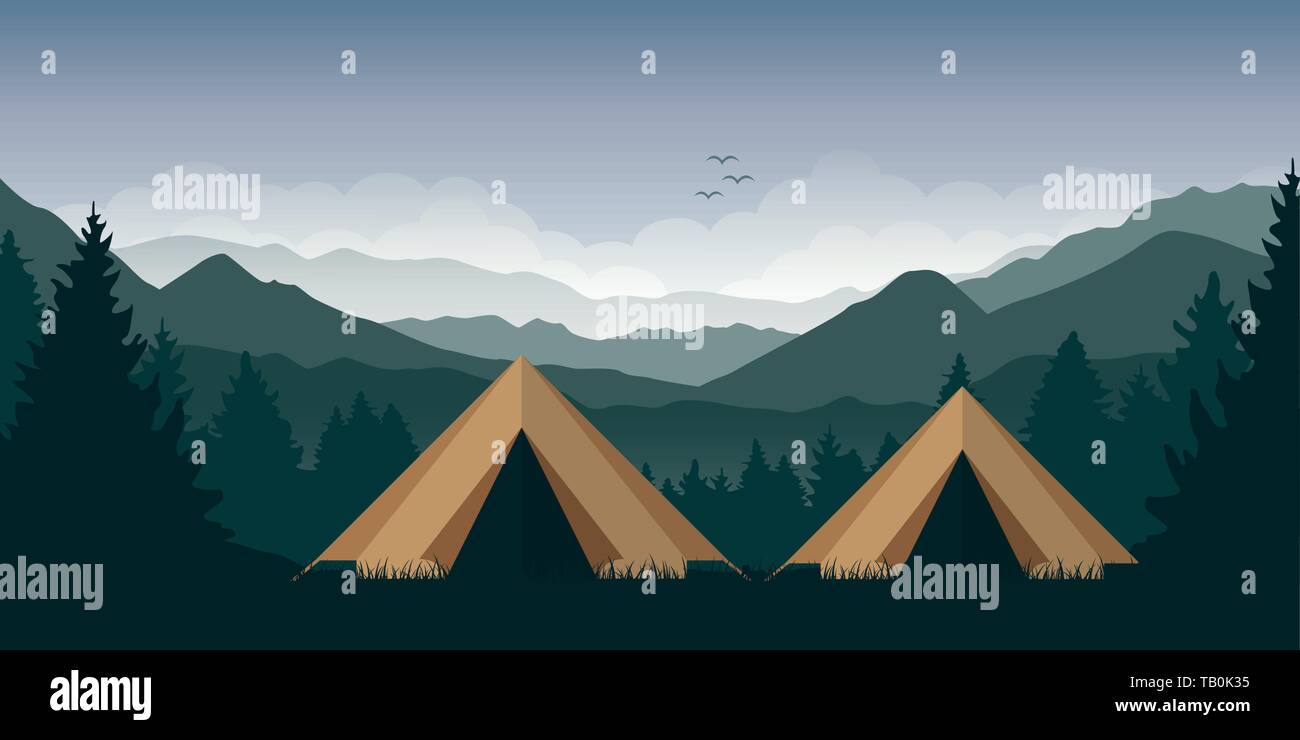 Camping aventure dans le désert deux tentes dans la forêt à green mountain landscape vector illustration EPS10 Illustration de Vecteur